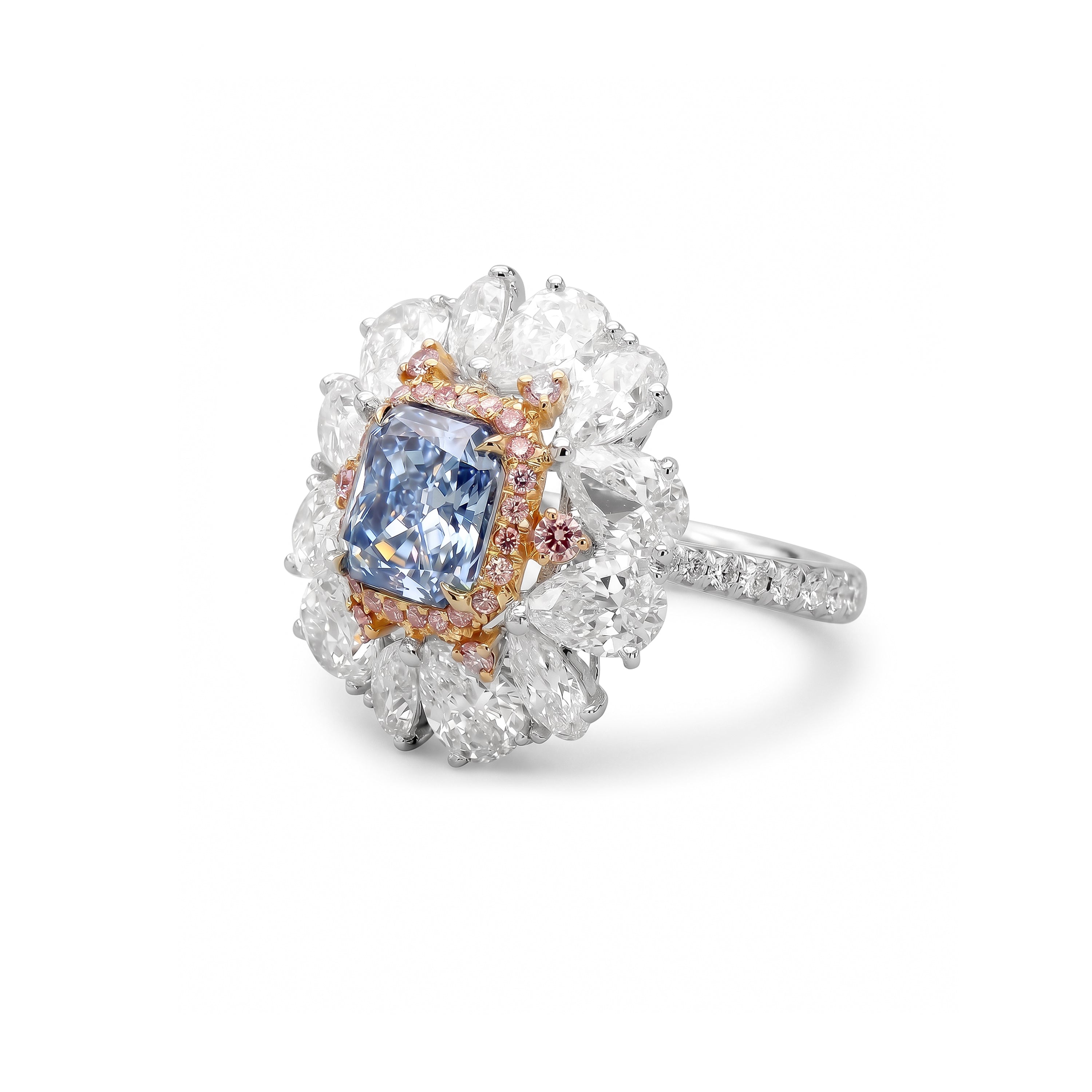Natural Blue Radiant Diamond Floral Halo Ring | GIA Certified