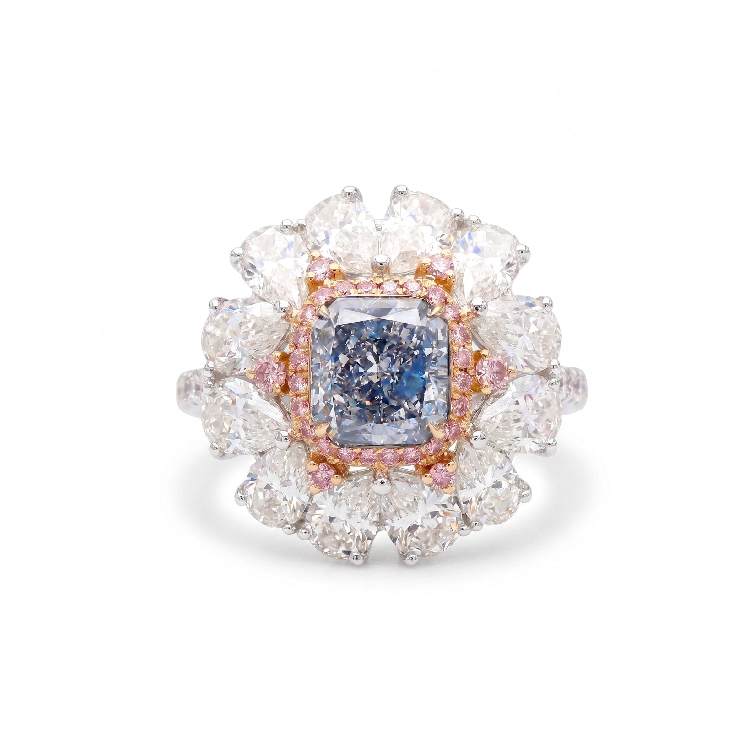 Natural Blue Radiant Diamond Floral Halo Ring | GIA Certified