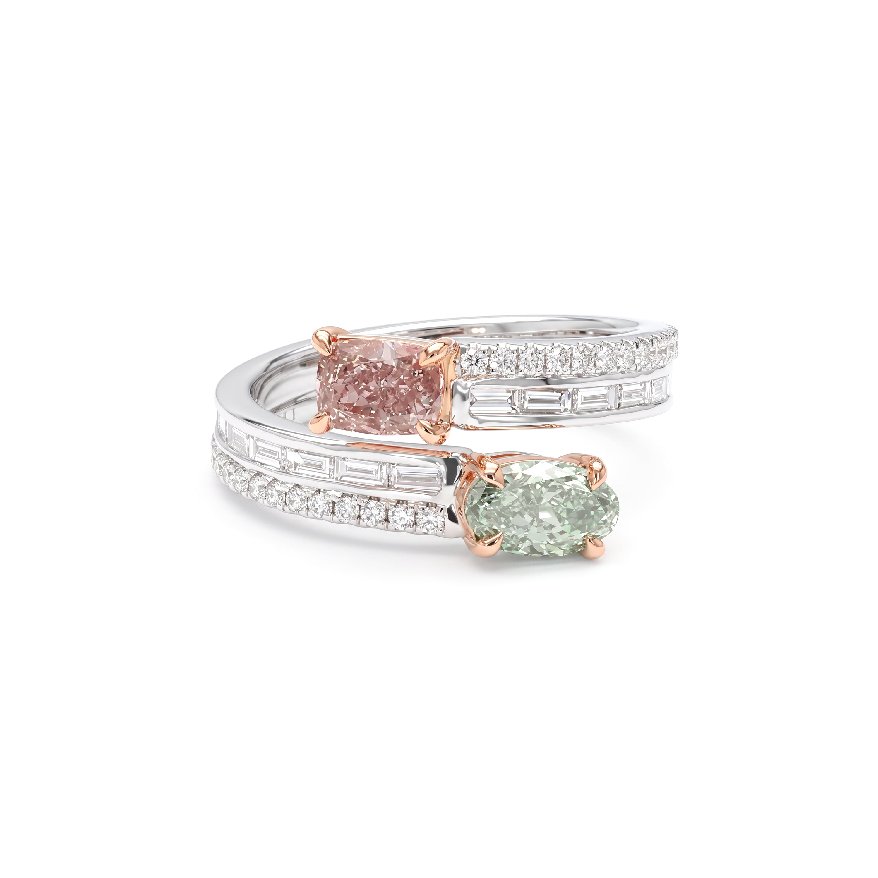 Natural Pink & Green Diamond Crossover Ring | GIA Certified