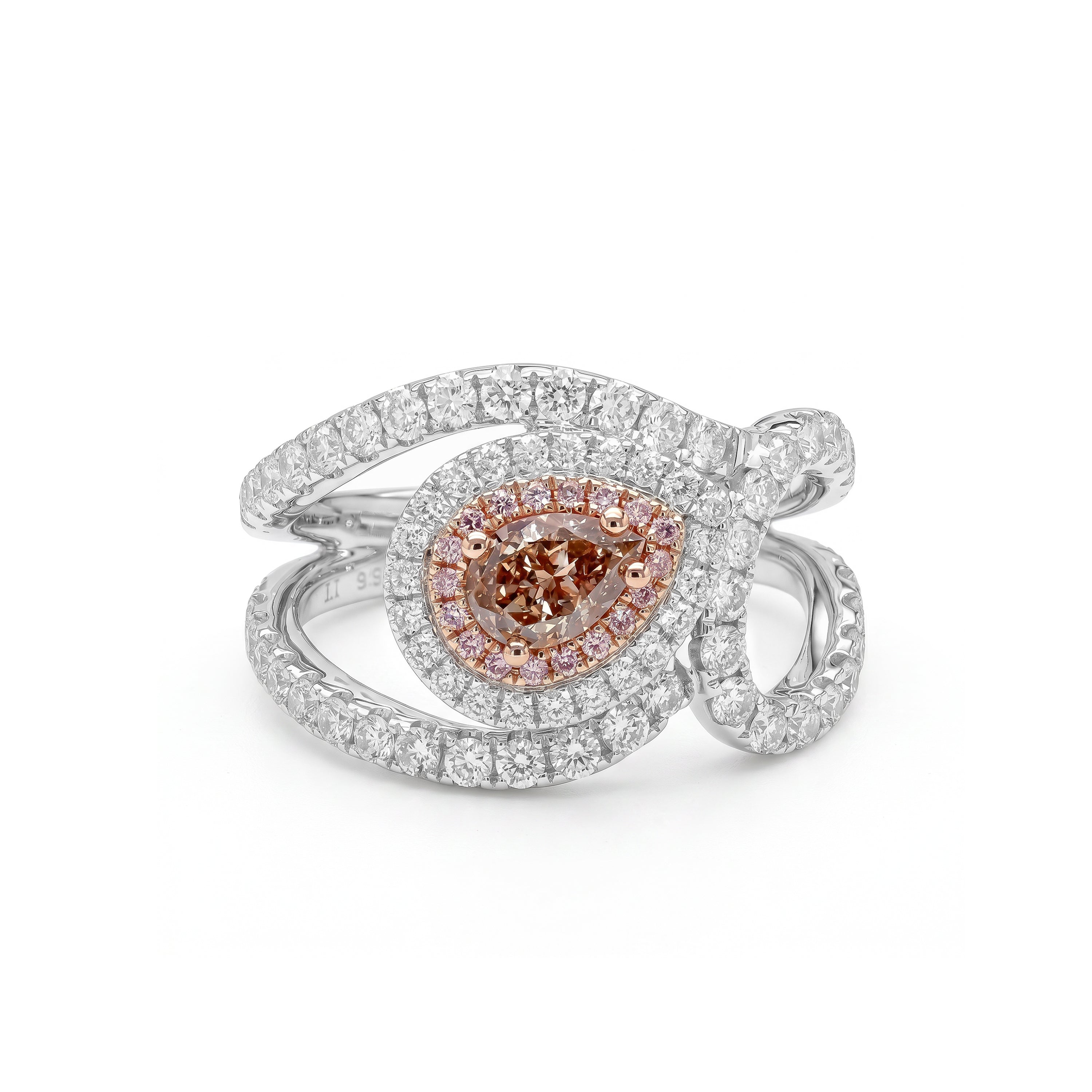 Natural Brown Pear Diamond Ring with Pink Halo | Gia Certified
