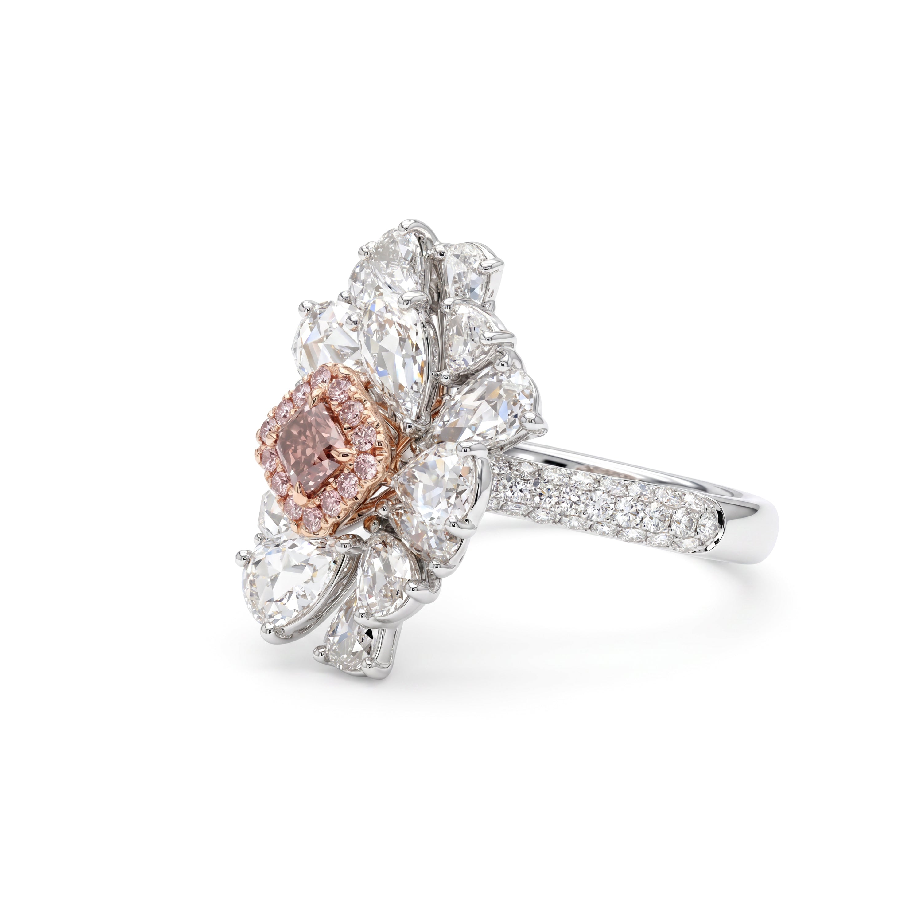 Natural Pink Cushion Diamond Floral Ring | GIA Certified
