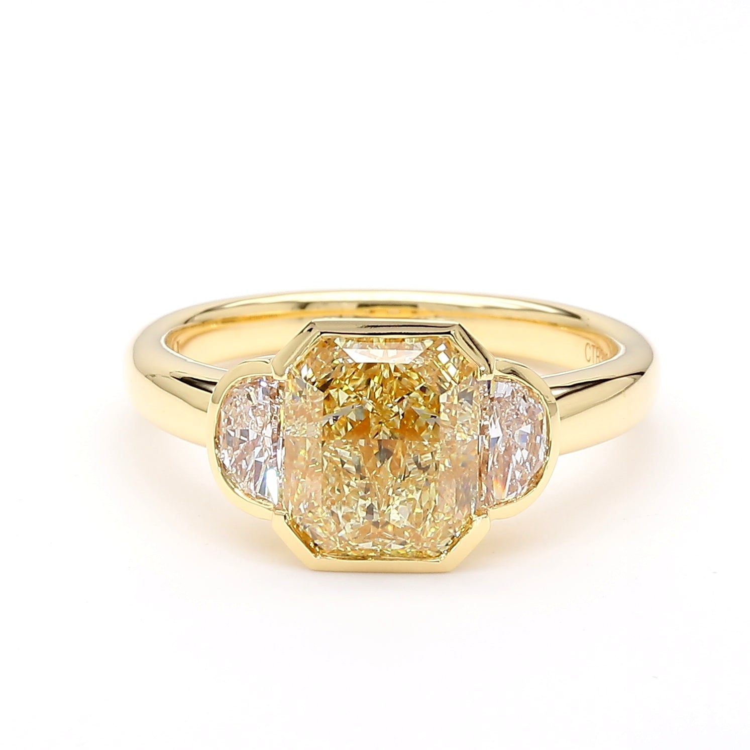 Natural Yellow Radiant Diamond Three Stone Bezel Ring | GIA Certified