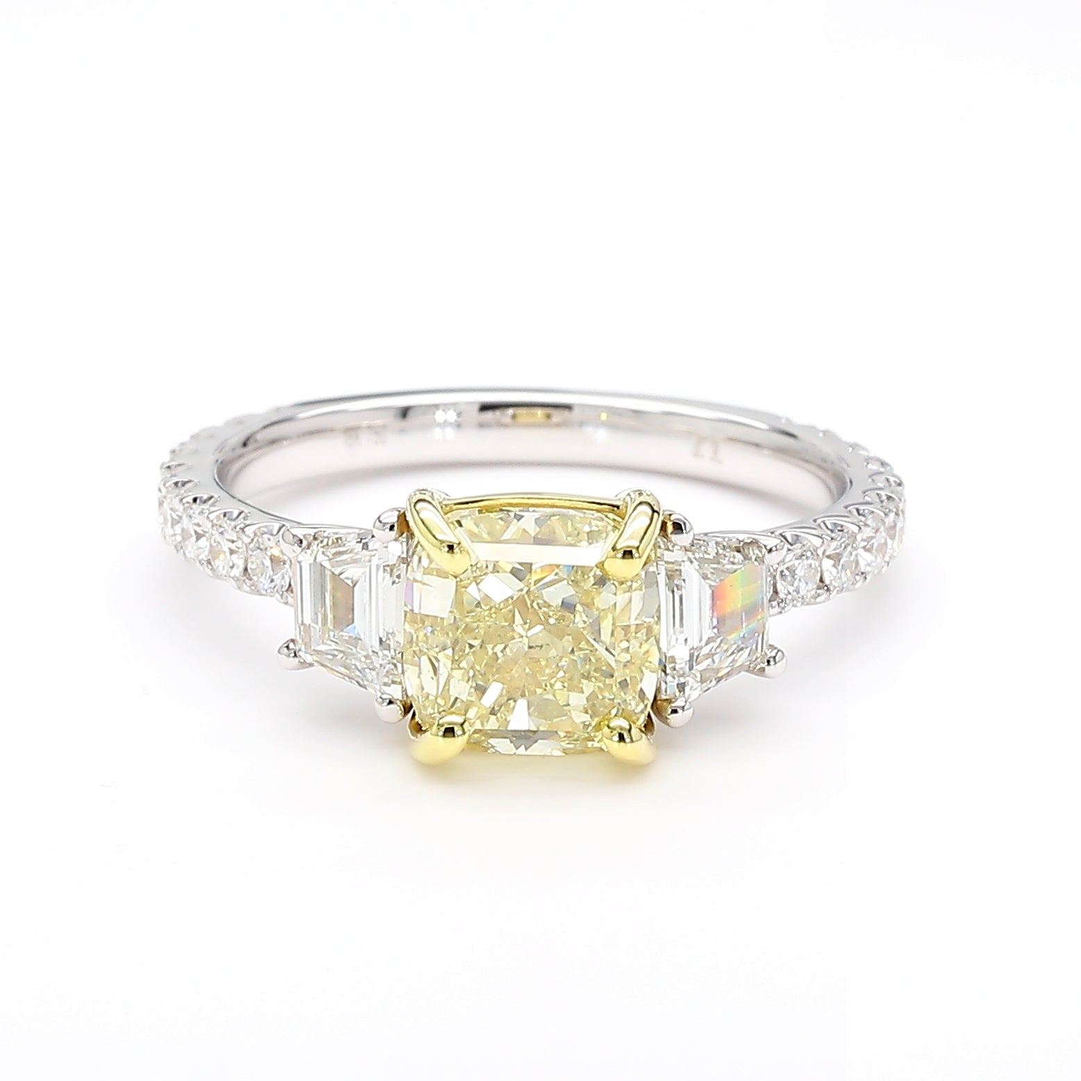 Natural Yellow Cushion Three Stone Diamond Ring | GIA CERTIFIED