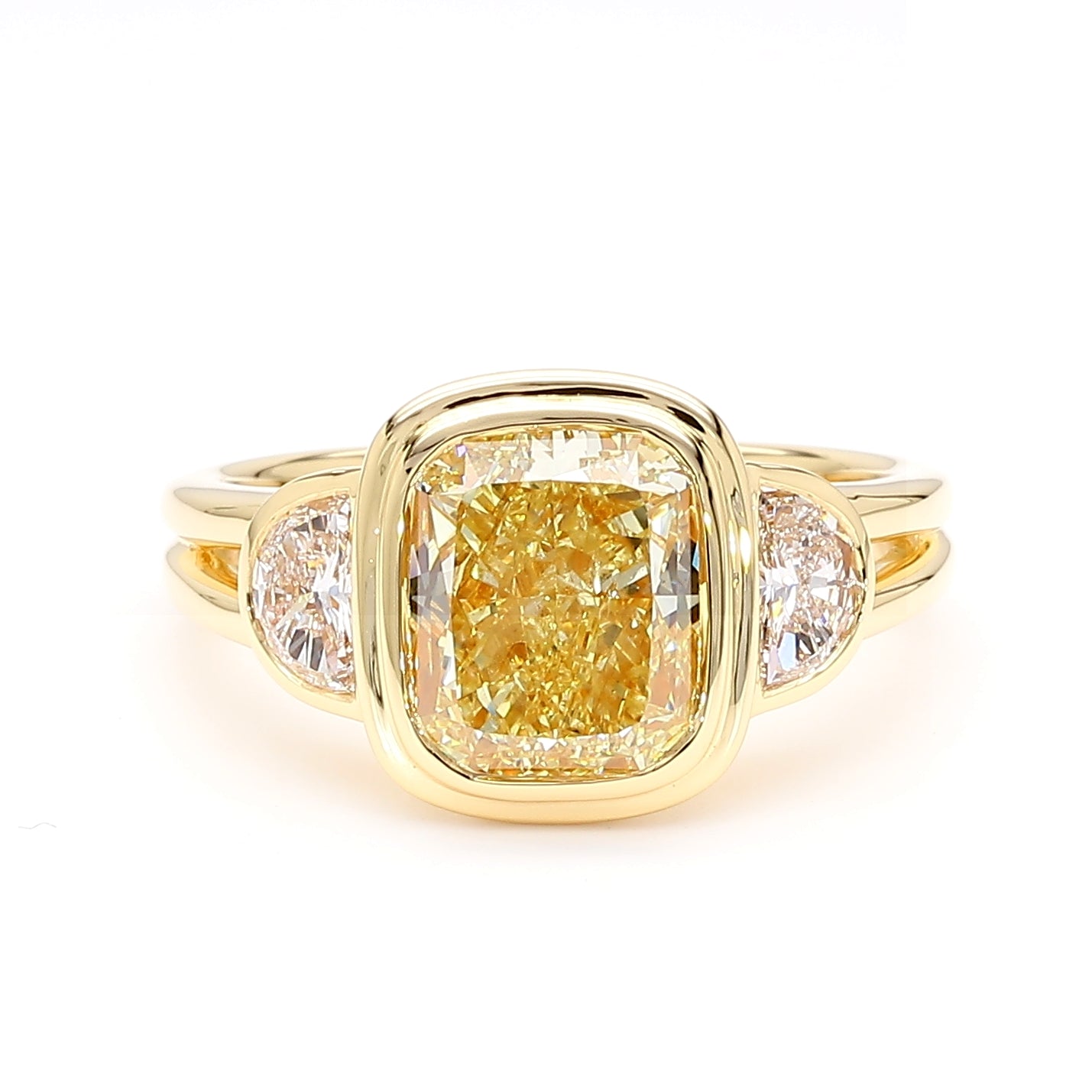 Natural Yellow Cushion Diamond Three Stone Bezel Ring | GIA Certified