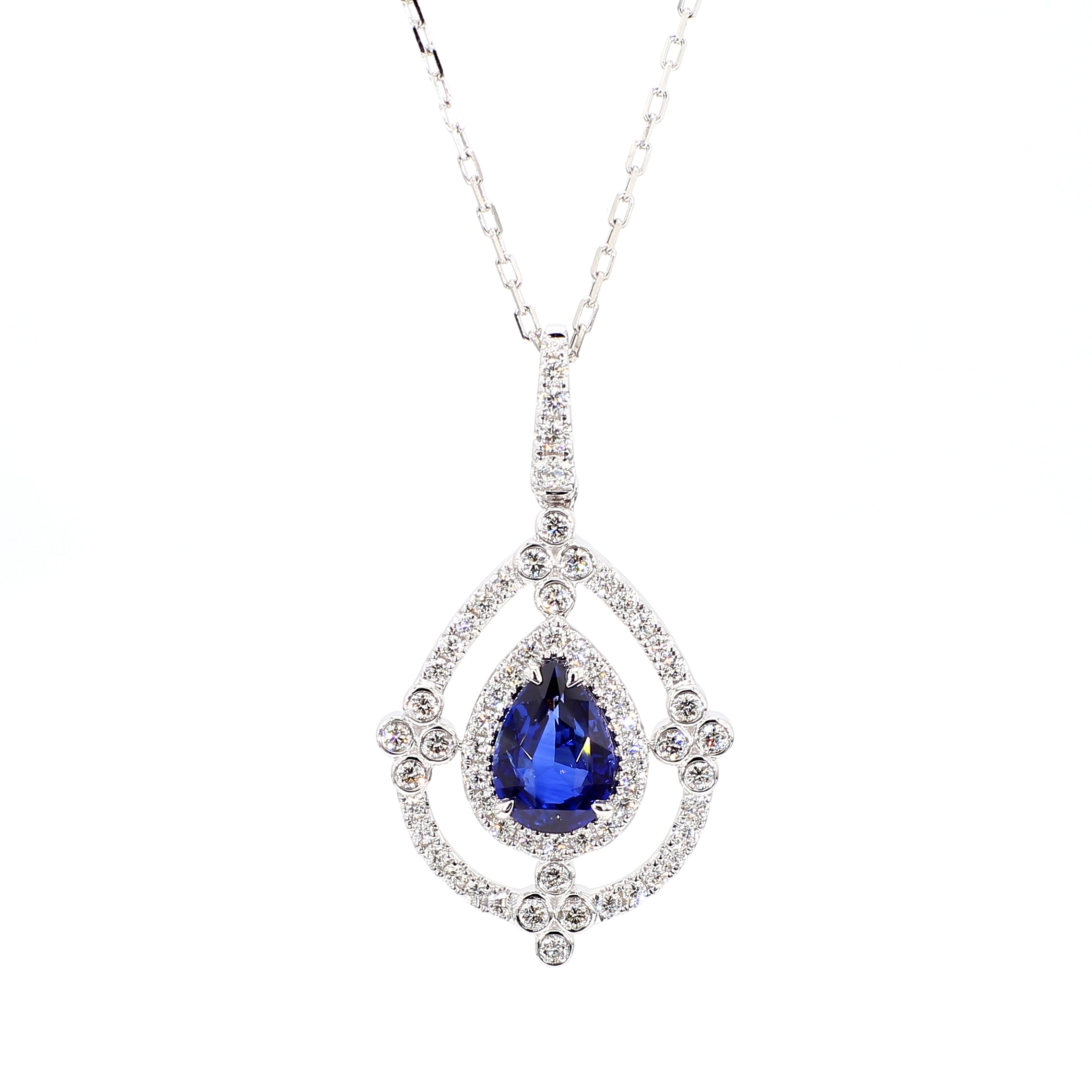 Natural Blue Pear Sapphire & White Diamond Pendant Gia CERTIFIED