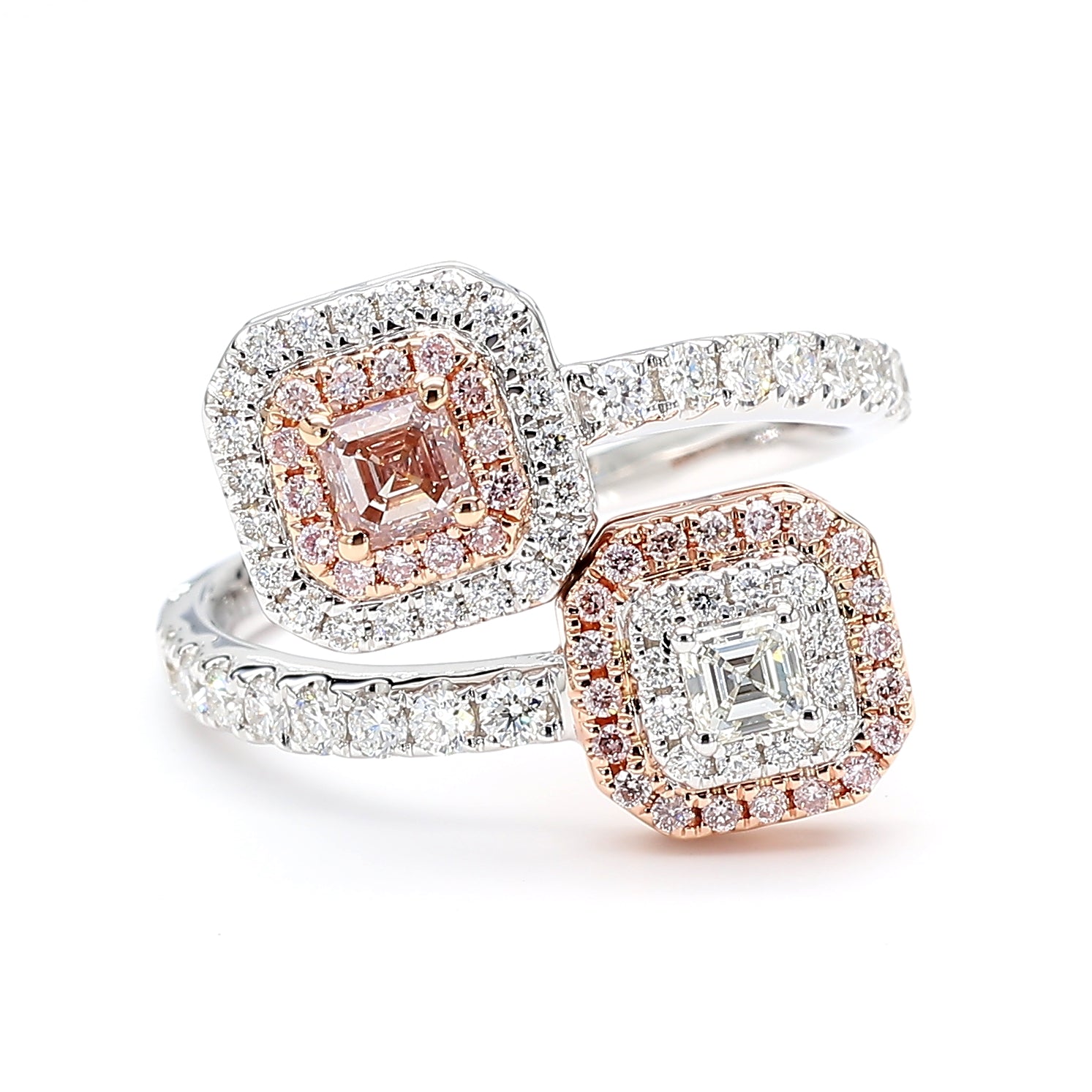 Natural Pink Asscher Diamond Crossover Halo Ring | GIA CERTIFIED