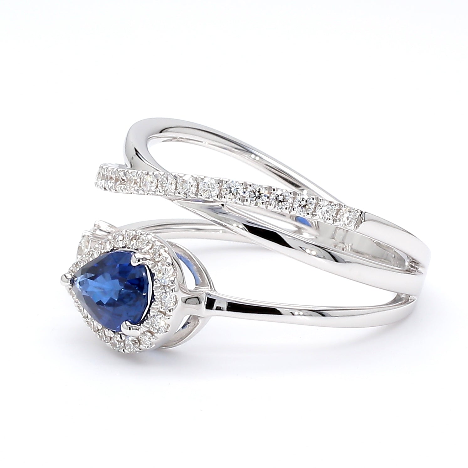 Natural Pear Sapphire & Diamond Crossover Halo Ring