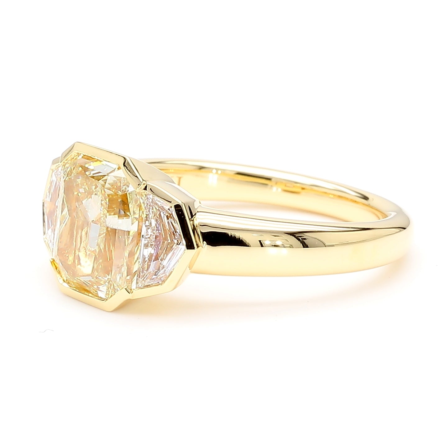Natural Yellow Radiant Diamond Three Stone Bezel Ring | GIA Certified