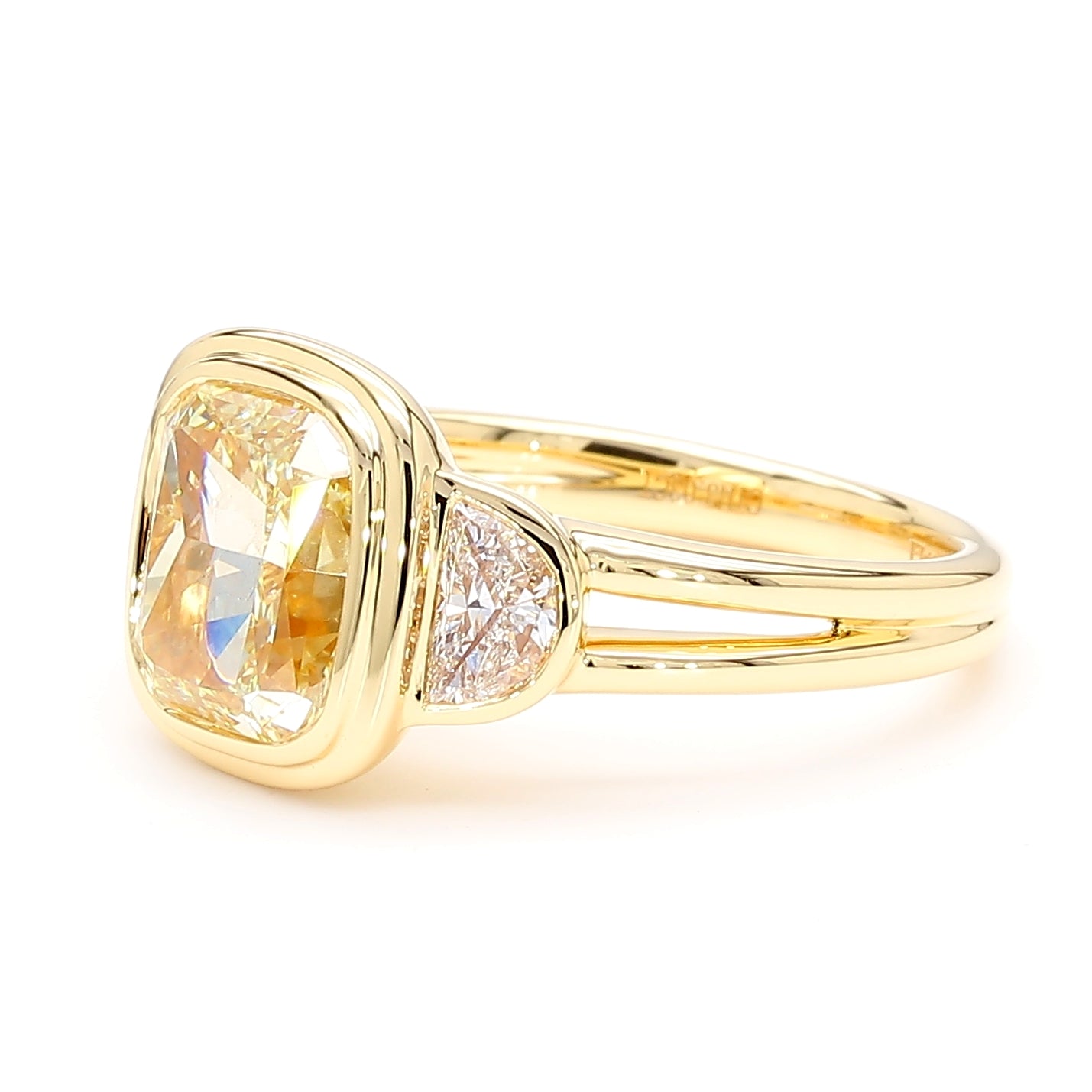 Natural Yellow Cushion Diamond Three Stone Bezel Ring | GIA Certified