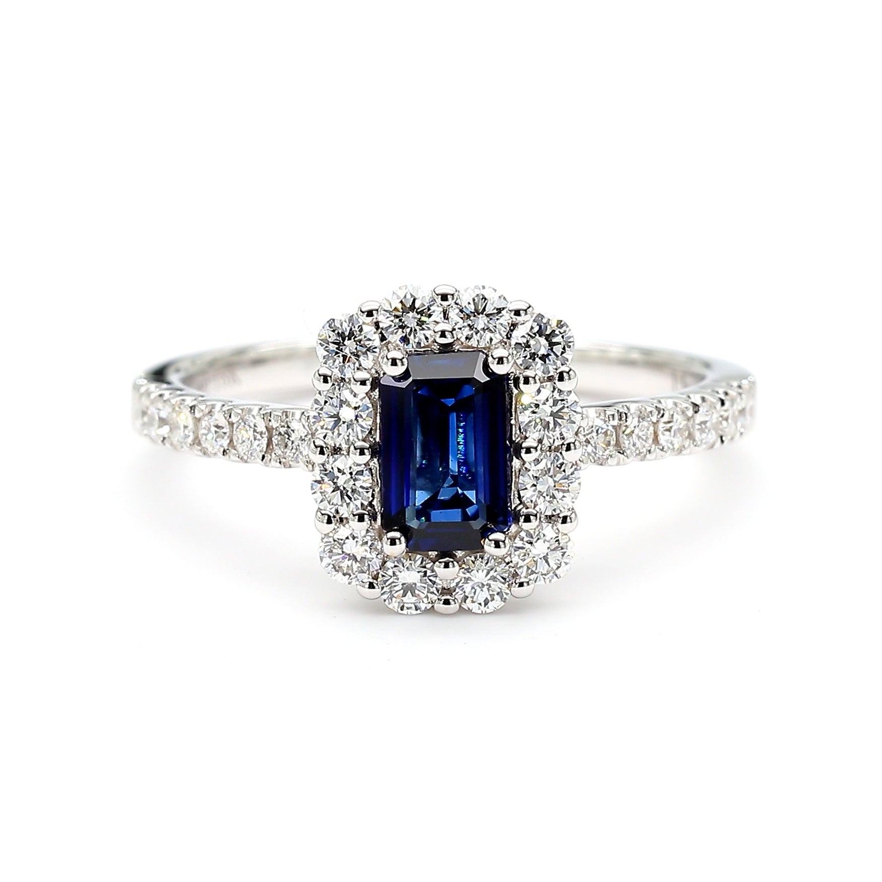 Natural Emerald Cut Sapphire & White Diamond Halo Ring product image 3