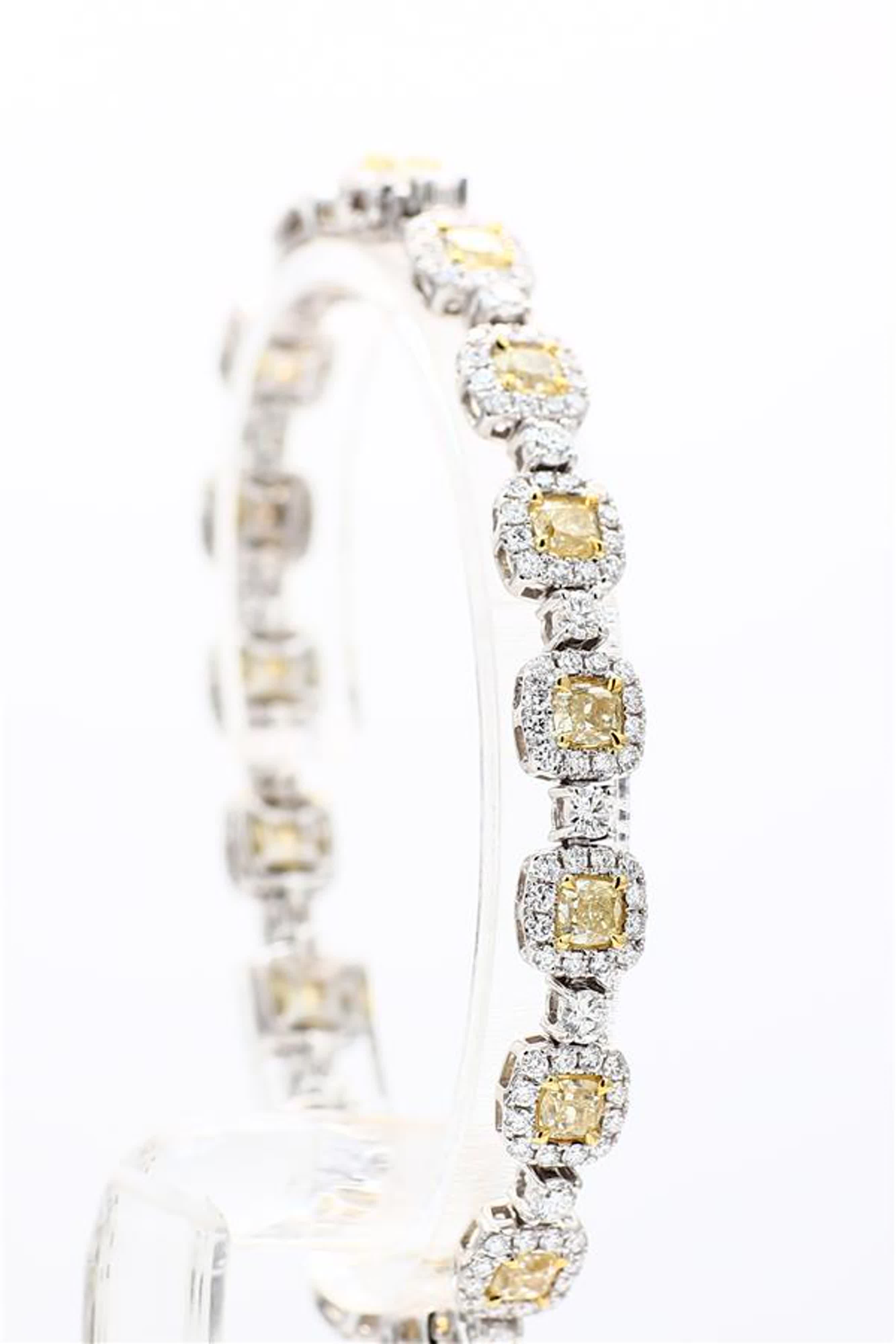 Natural Yellow Cushion and White Diamond 9.01 Carat TW Gold Bracelet