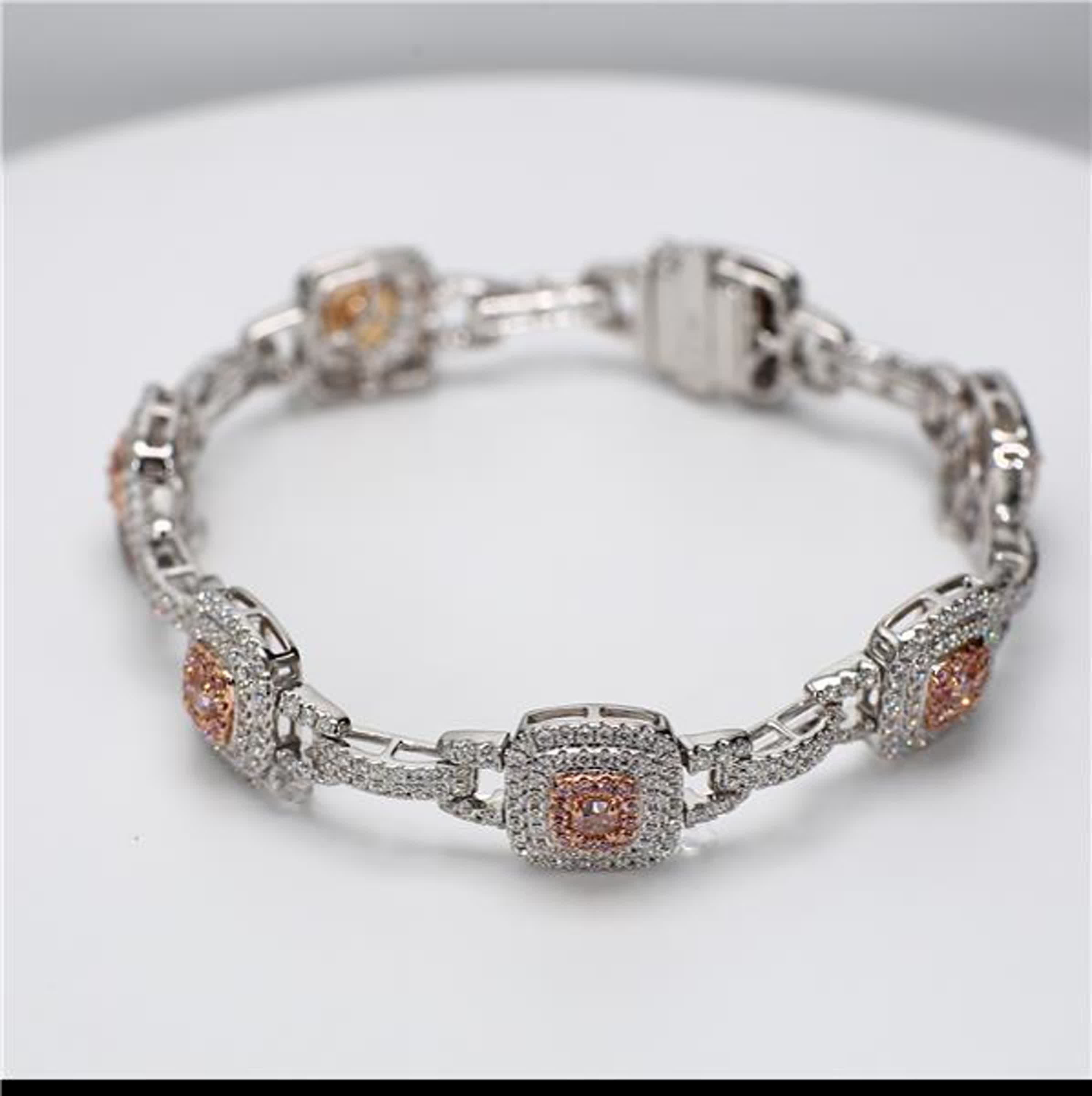 GIA Certified Natural Pink Radiant and White Diamond 3.89 Carat TW Gold Bracelet