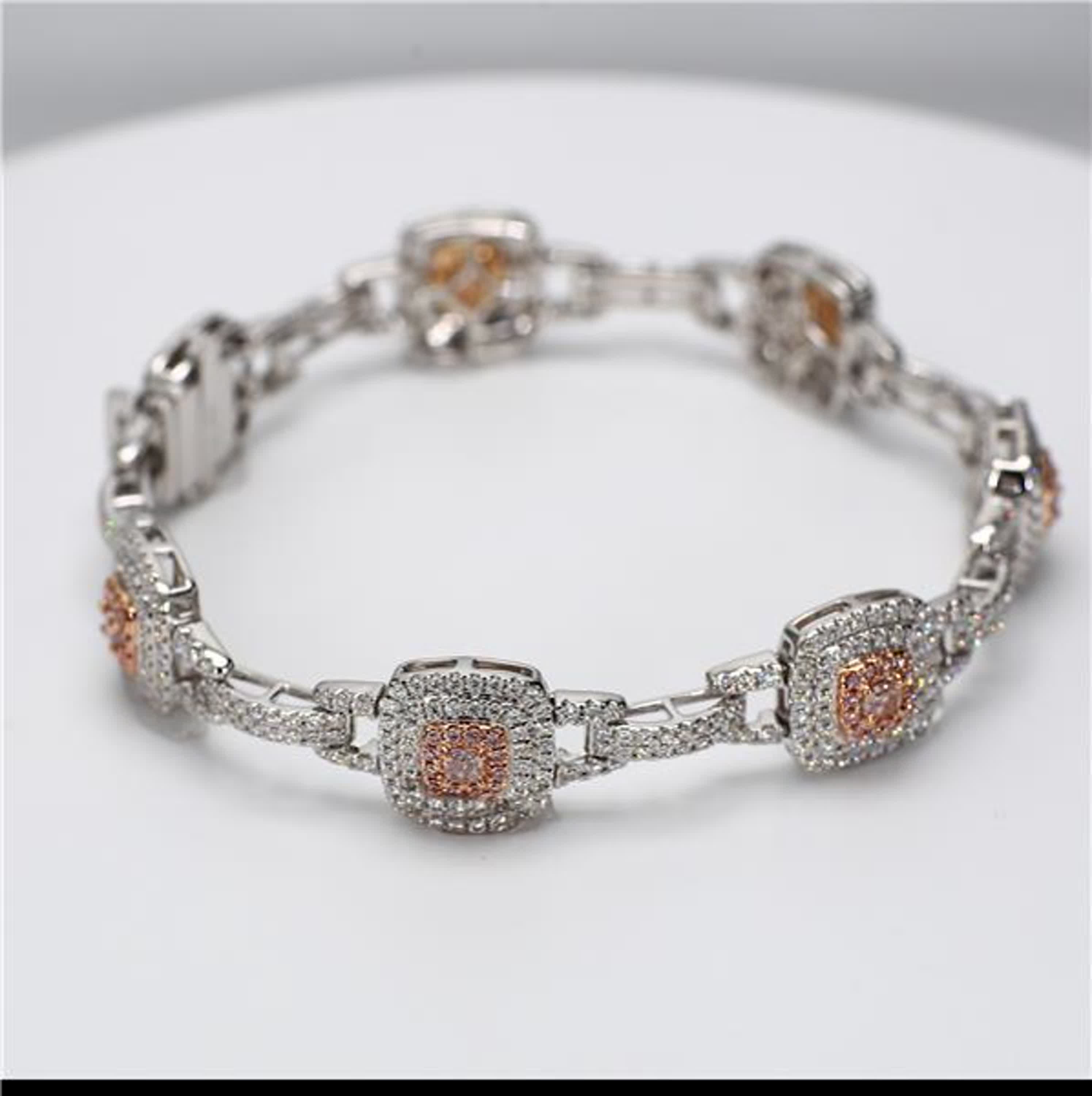 GIA Certified Natural Pink Radiant and White Diamond 3.89 Carat TW Gold Bracelet