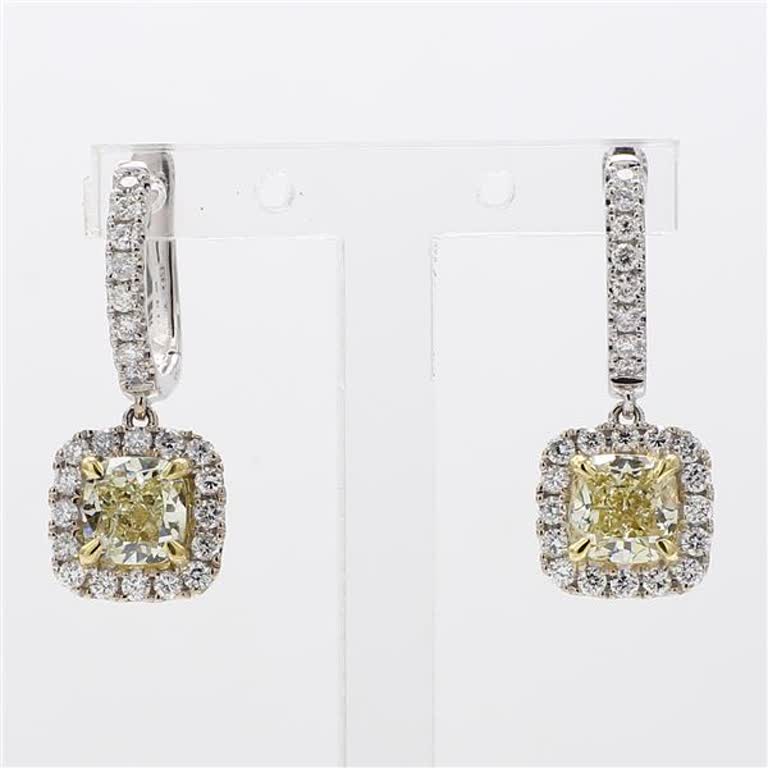 Natural Yellow Cushion and White Diamond 2.36 Carat TW Gold Drop Earrings