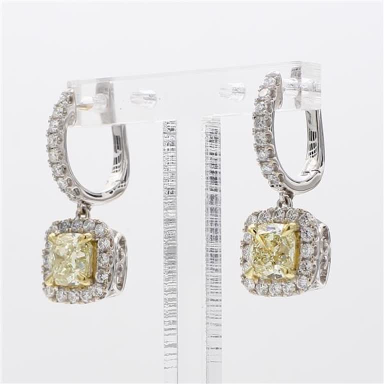 Natural Yellow Cushion and White Diamond 2.36 Carat TW Gold Drop Earrings