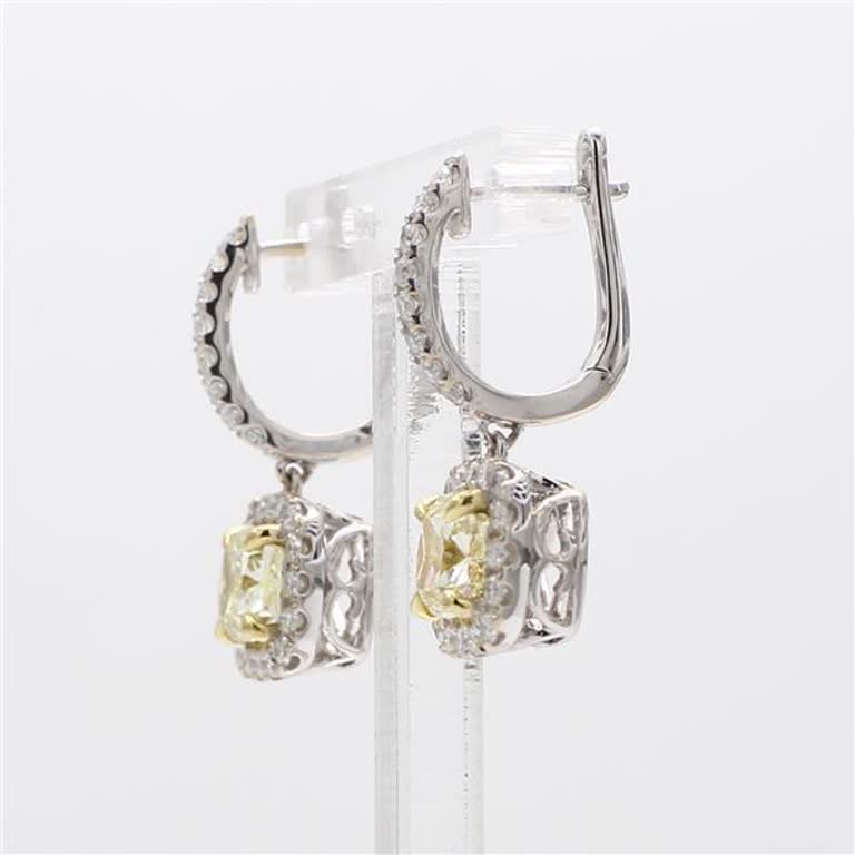 Natural Yellow Cushion and White Diamond 2.36 Carat TW Gold Drop Earrings