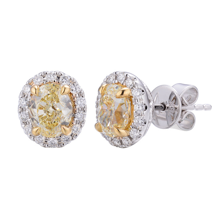 Natural Yellow Oval and White Diamond 1.26 Carat TW Gold Stud Earrings