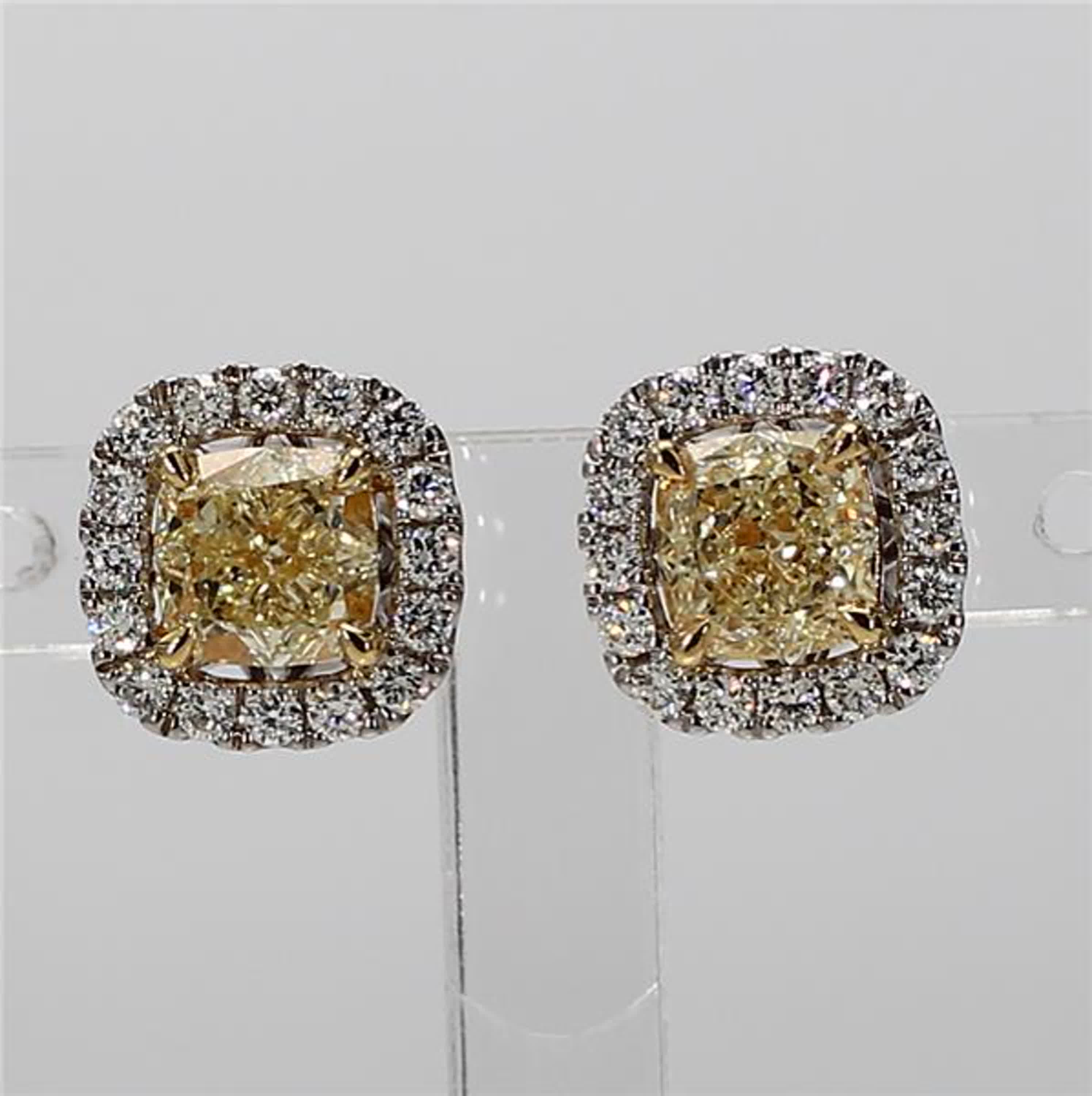 Natural Yellow Cushion and White Diamond 1.95 Carat TW Gold Stud Earrings