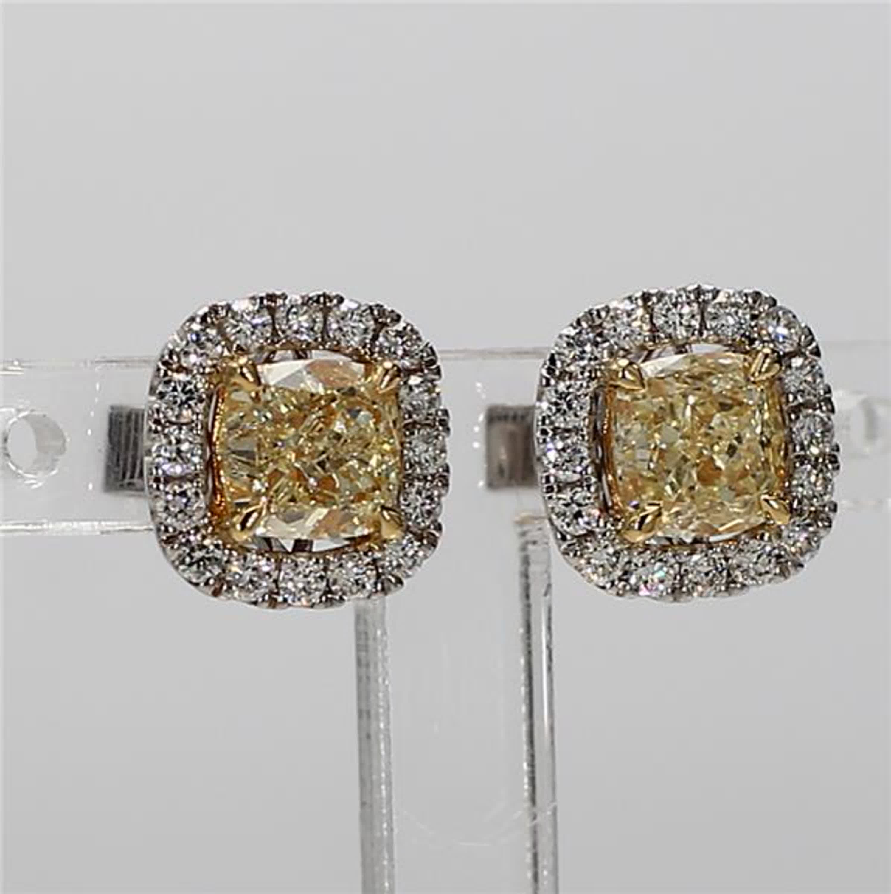 Natural Yellow Cushion and White Diamond 1.95 Carat TW Gold Stud Earrings