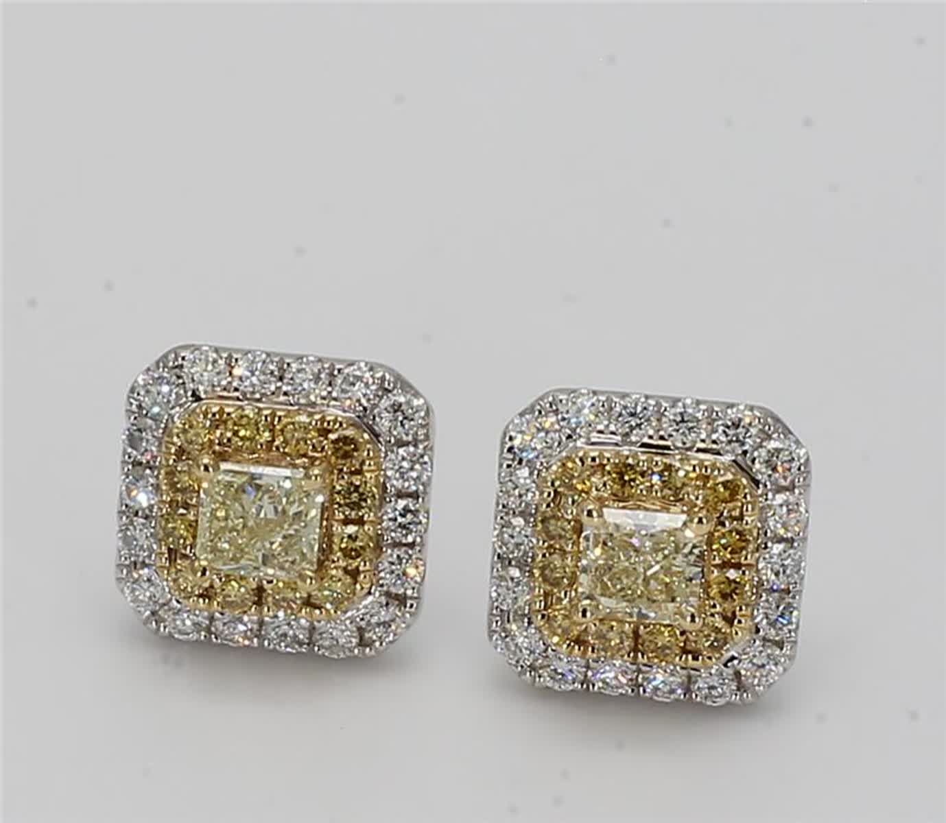 Natural Yellow Cushion and White Diamond 1.24 Carat TW Gold Stud Earrings
