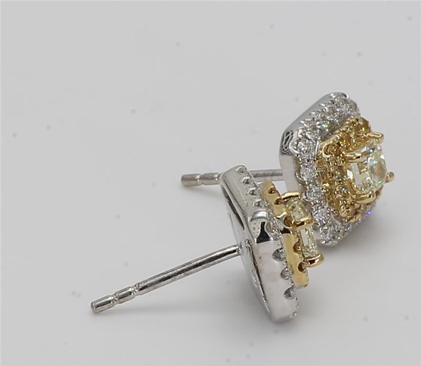 Natural Yellow Cushion and White Diamond 1.24 Carat TW Gold Stud Earrings