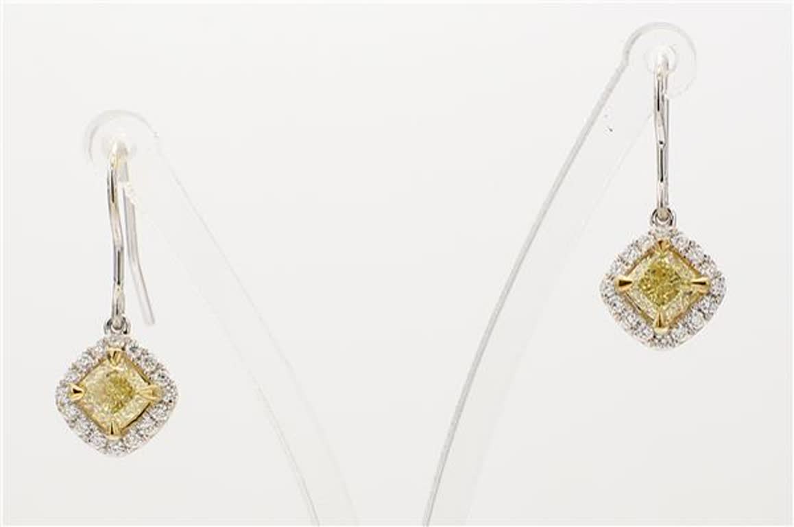 Natural Yellow Radiant and White Diamond .90 Carat TW Gold Dangle Earrings