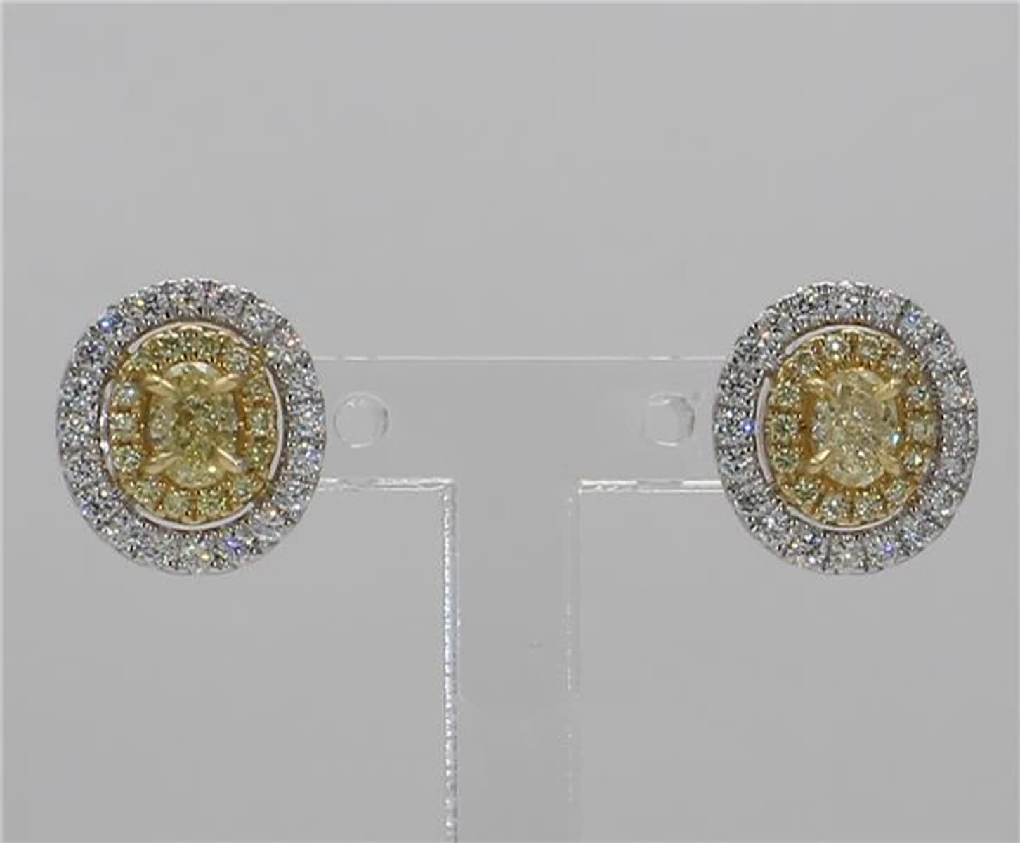 Natural Yellow Oval and White Diamond .94 Carat TW Gold Stud Earrings