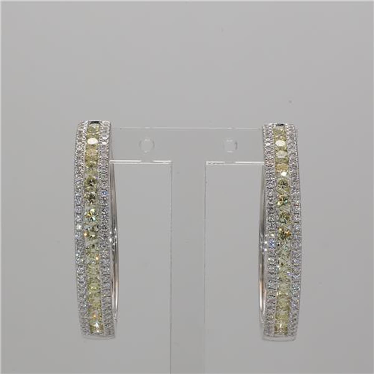 Natural Yellow Round and White Diamond 2.03 Carat TW Gold Hoop Earrings
