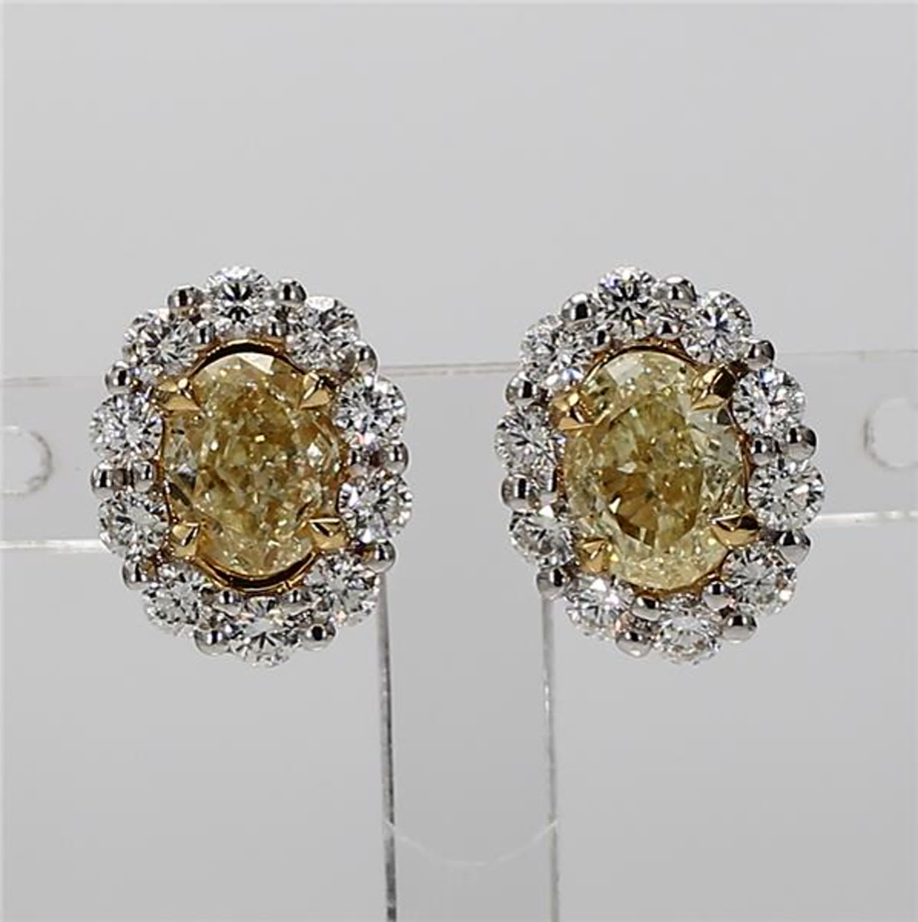 Natural Yellow Oval and White Diamond 2.15 Carat TW Gold Stud Earrings