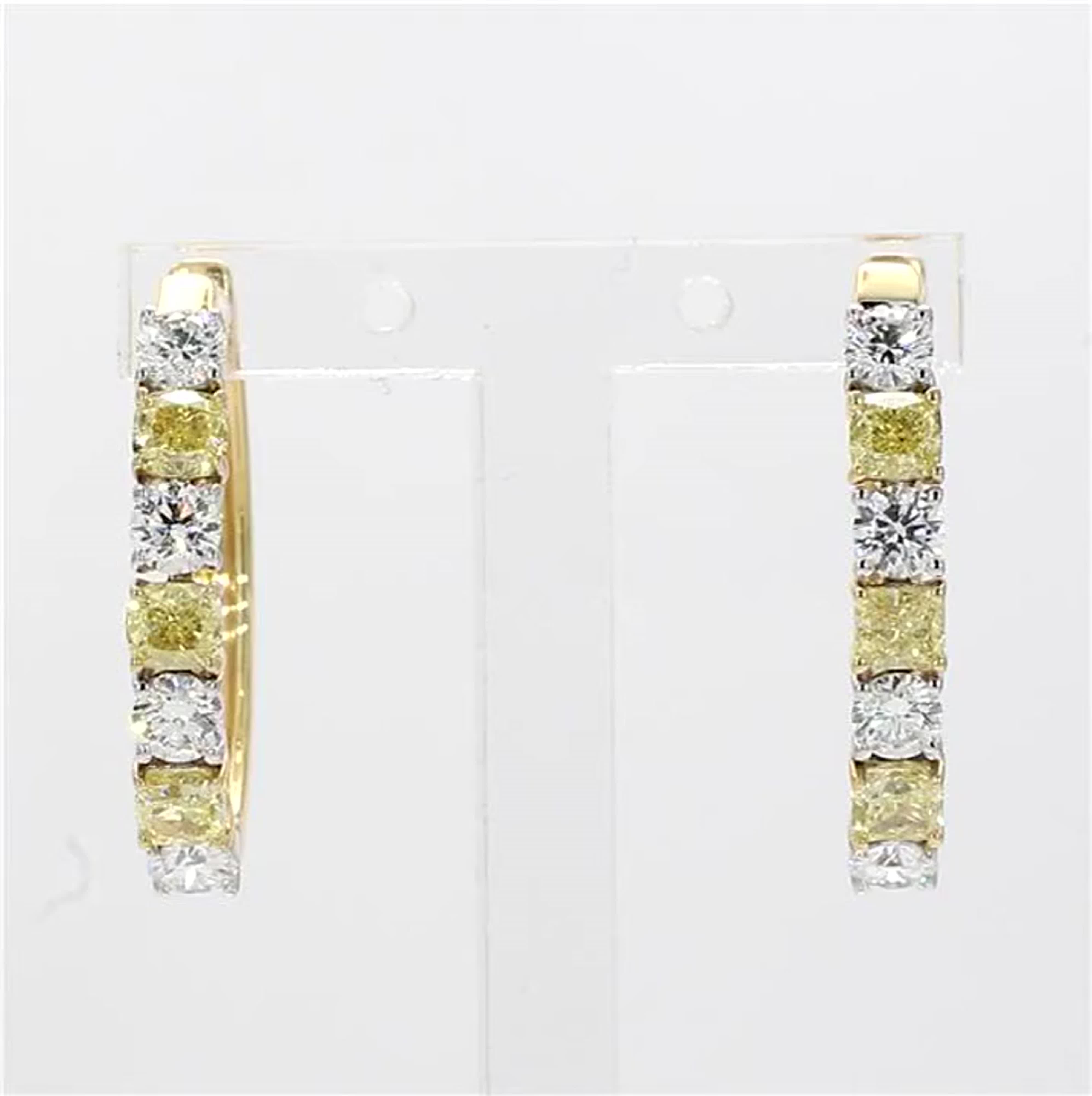 Natural Yellow Cushion and White Diamond 1.00 Carat TW Gold Hoop Earrings