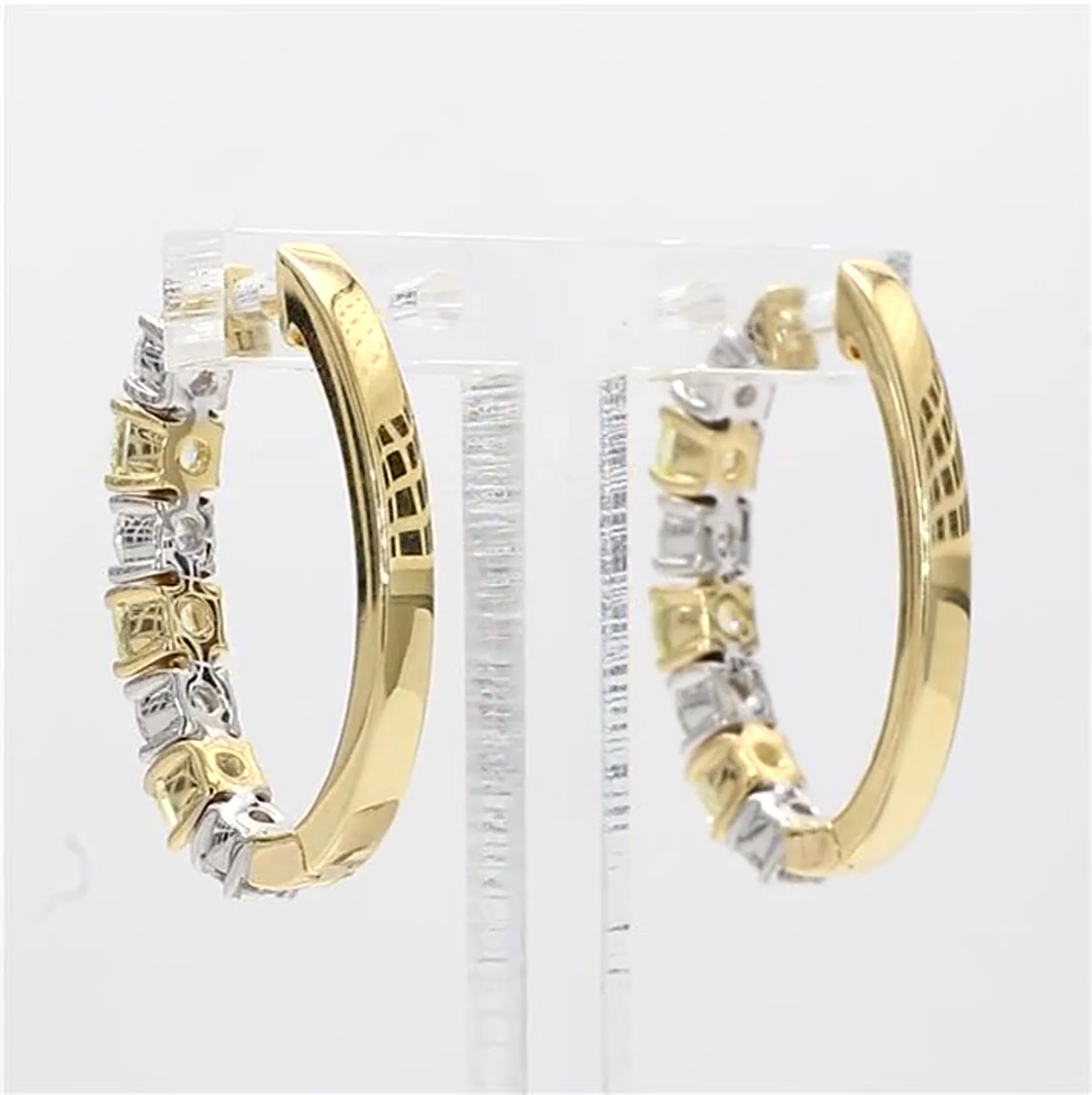 Natural Yellow Cushion and White Diamond 1.00 Carat TW Gold Hoop Earrings