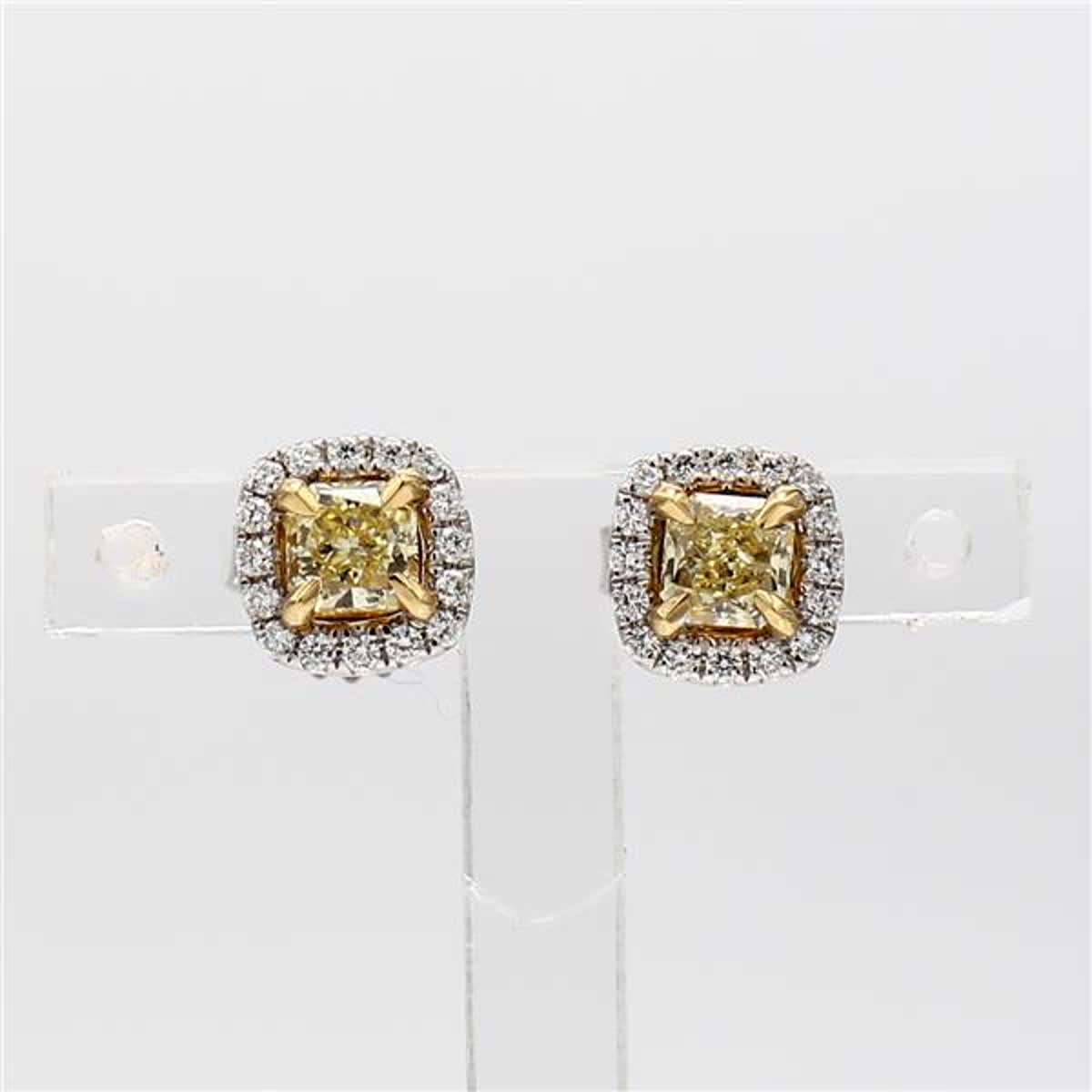 Natural Yellow Radiant and White Diamond .89 Carat TW Gold Stud Earrings