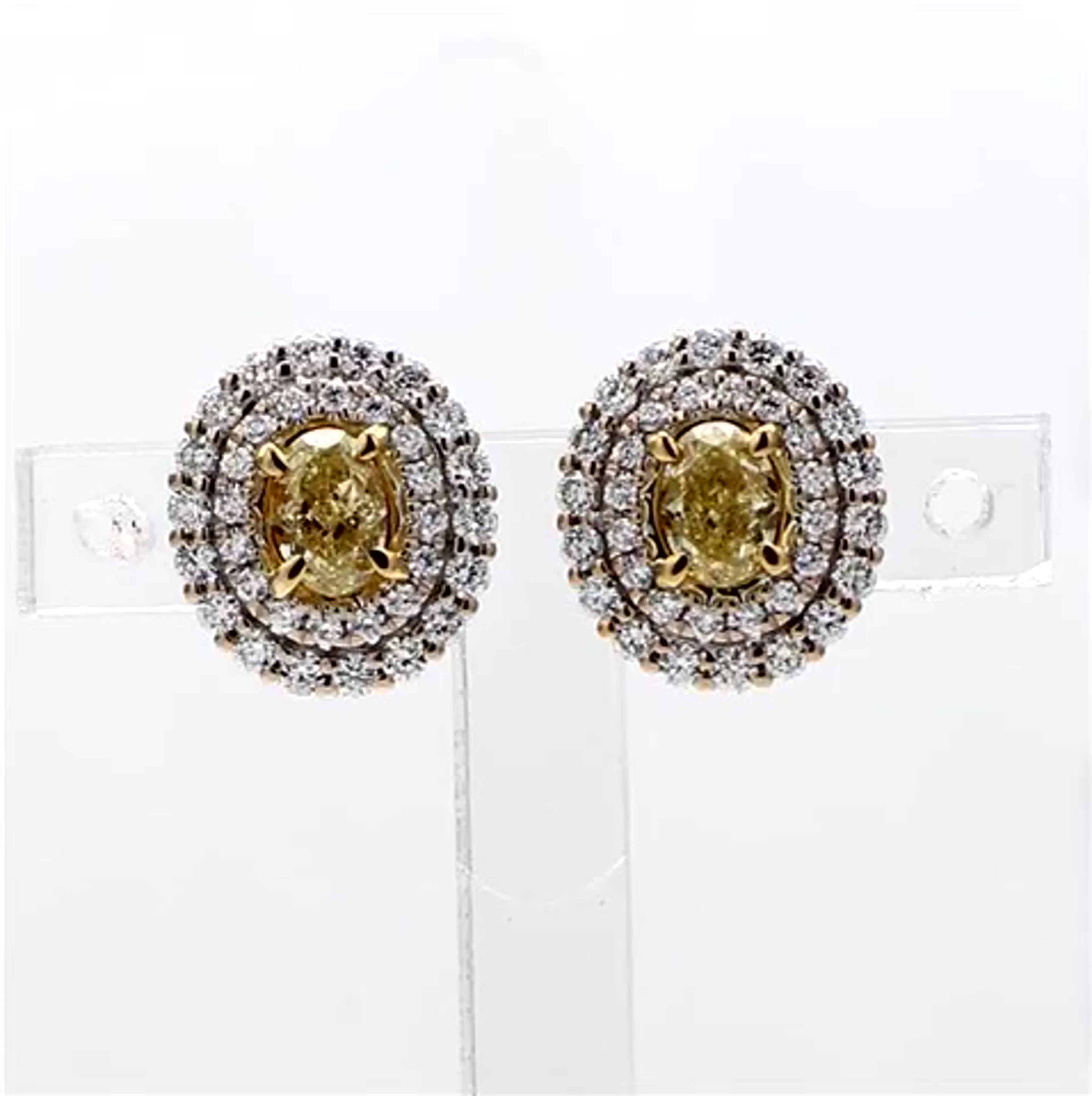 Natural Yellow Oval and White Diamond 1.02 Carat TW Gold Stud Earrings
