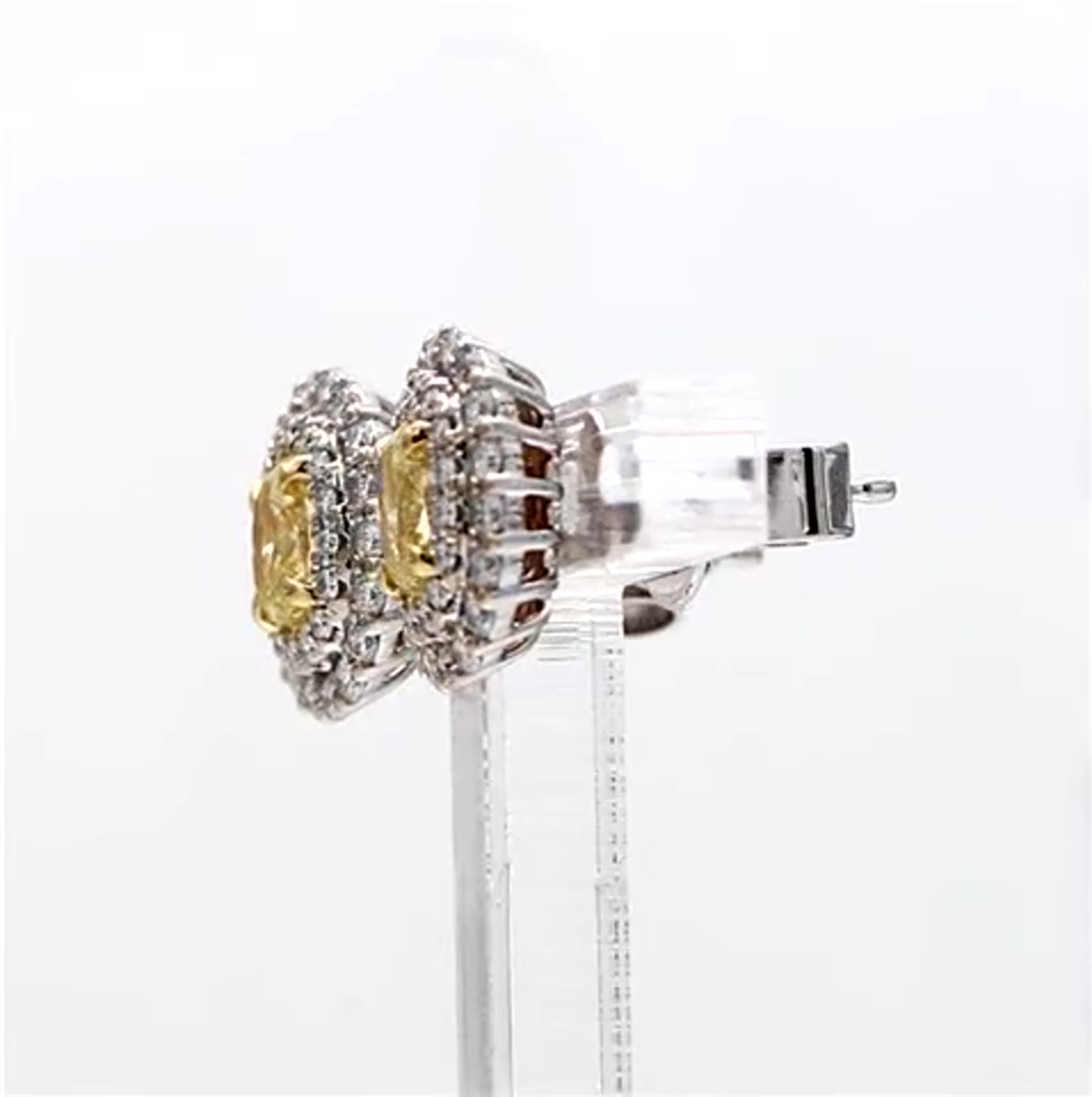 Natural Yellow Oval and White Diamond 1.02 Carat TW Gold Stud Earrings
