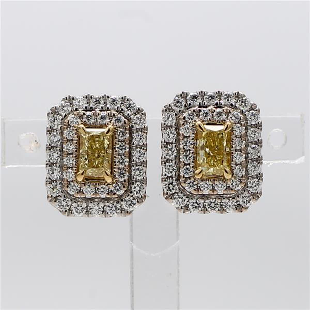 Natural Yellow Radiant and White Diamond 1.44 Carat TW Gold Stud Earrings