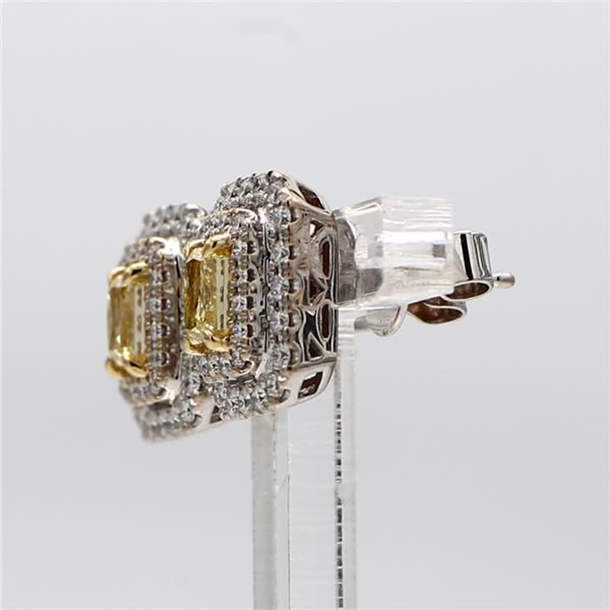 Natural Yellow Radiant and White Diamond 1.44 Carat TW Gold Stud Earrings