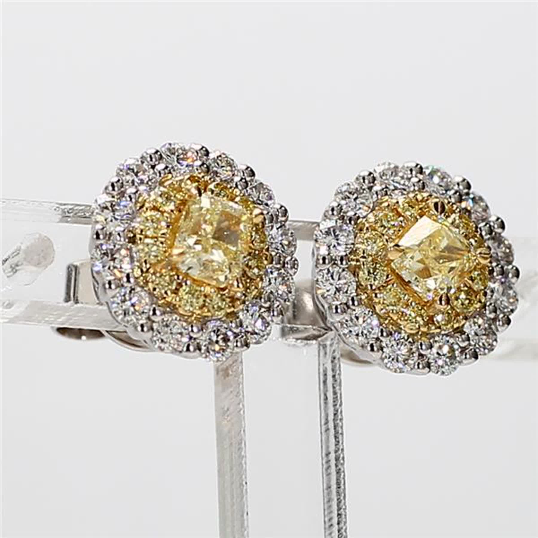 Natural Yellow Cushion and White Diamond 1.39 Carat TW Gold Stud Earrings