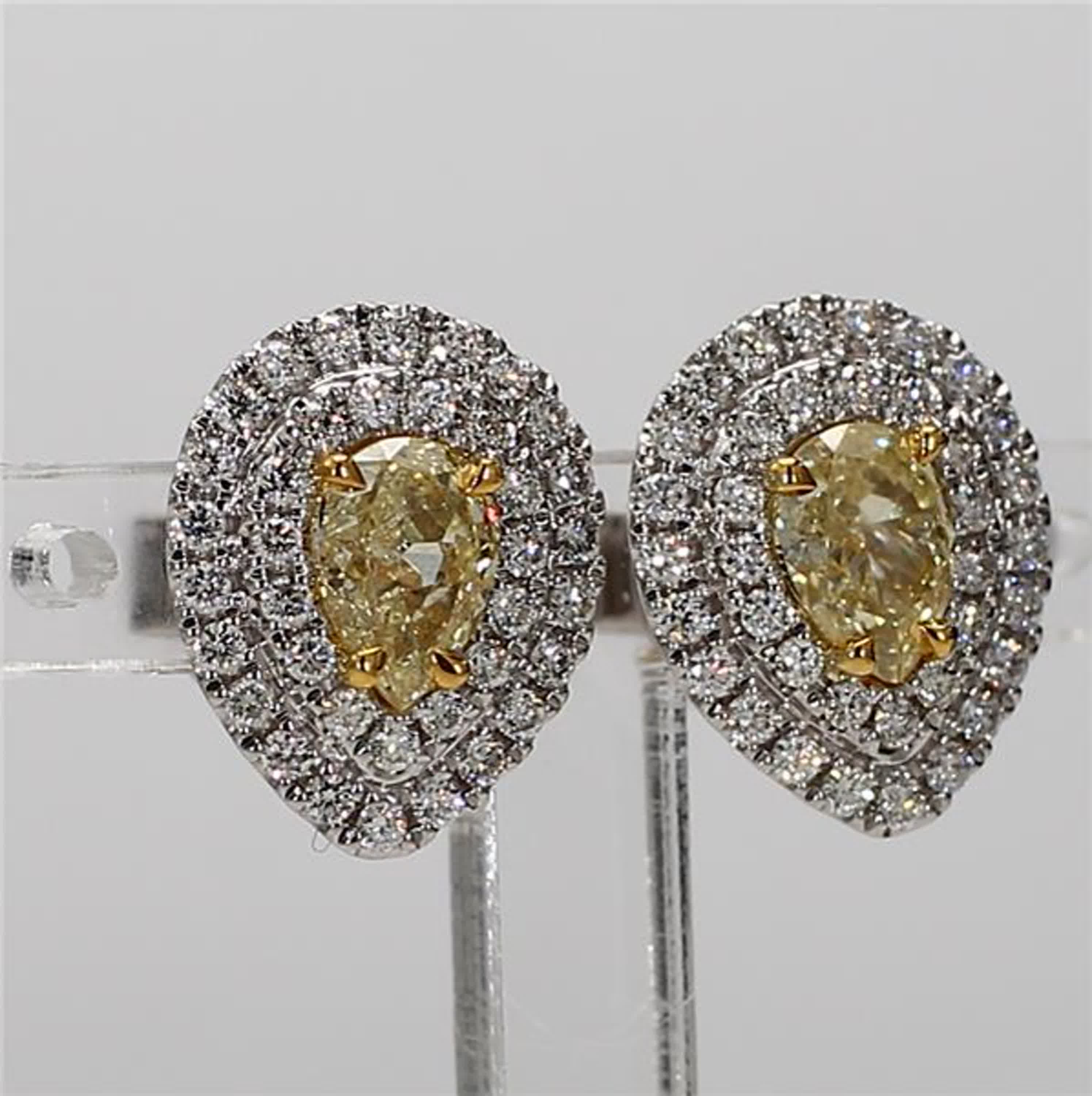 Natural Yellow Pear and White Diamond 1.54 Carat TW Gold Stud Earrings