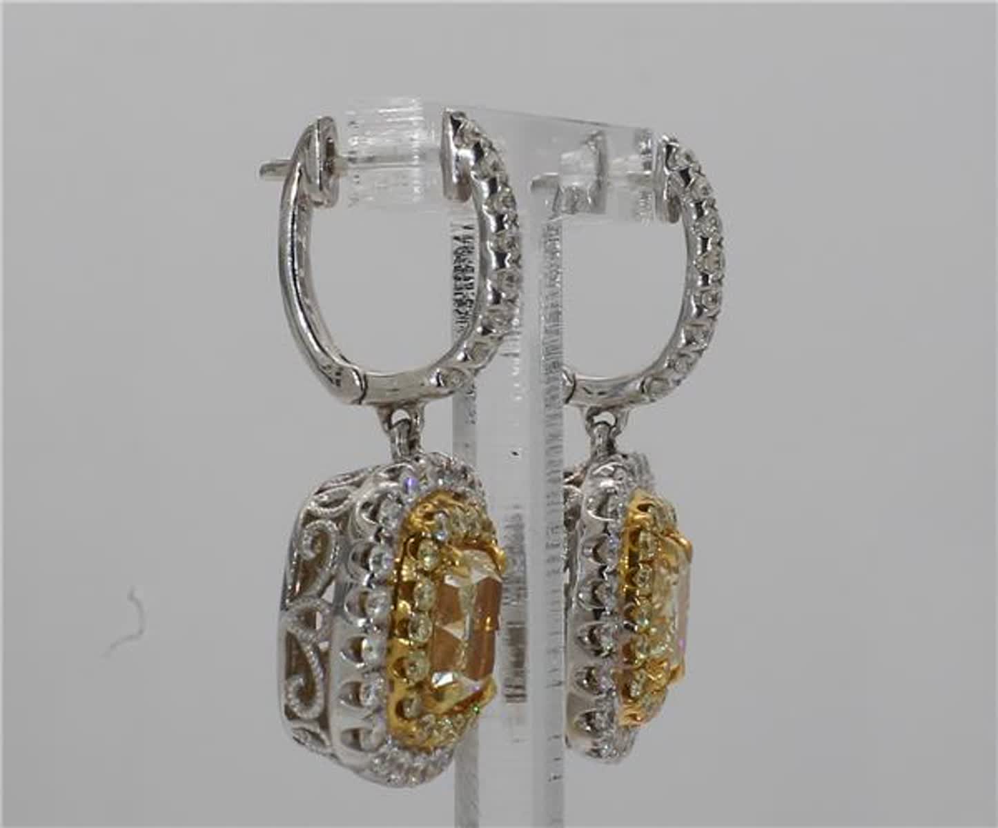 Natural Yellow Cushion and White Diamond 4.58 Carat TW Gold Dangle Earrings