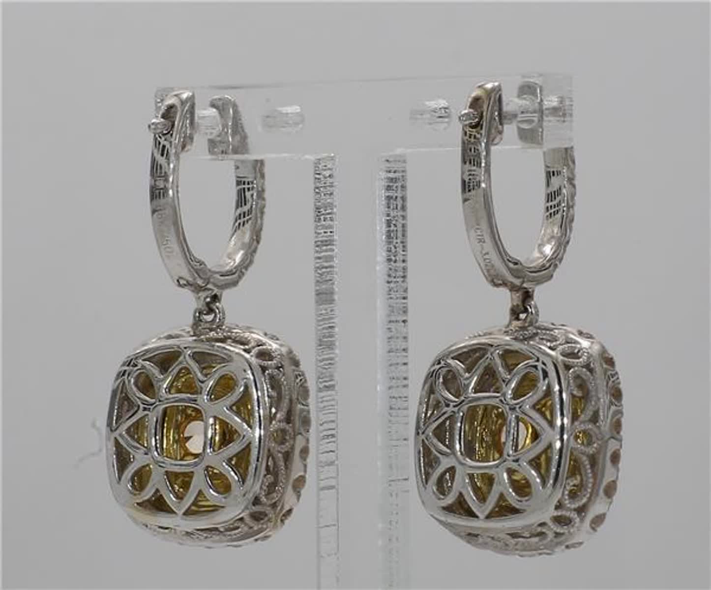Natural Yellow Cushion and White Diamond 4.58 Carat TW Gold Dangle Earrings