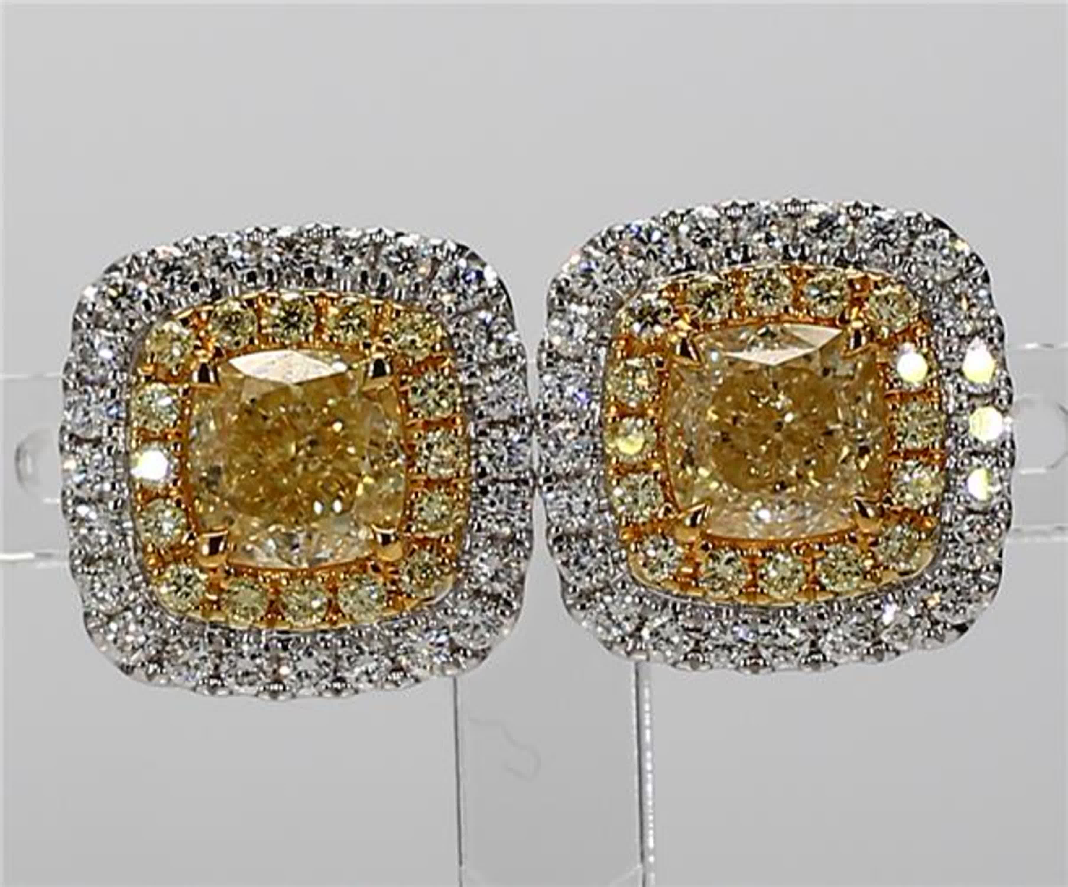 GIA Certified Natural Yellow Cushion and White Diamond 2.71 CT TW Gold Earrings