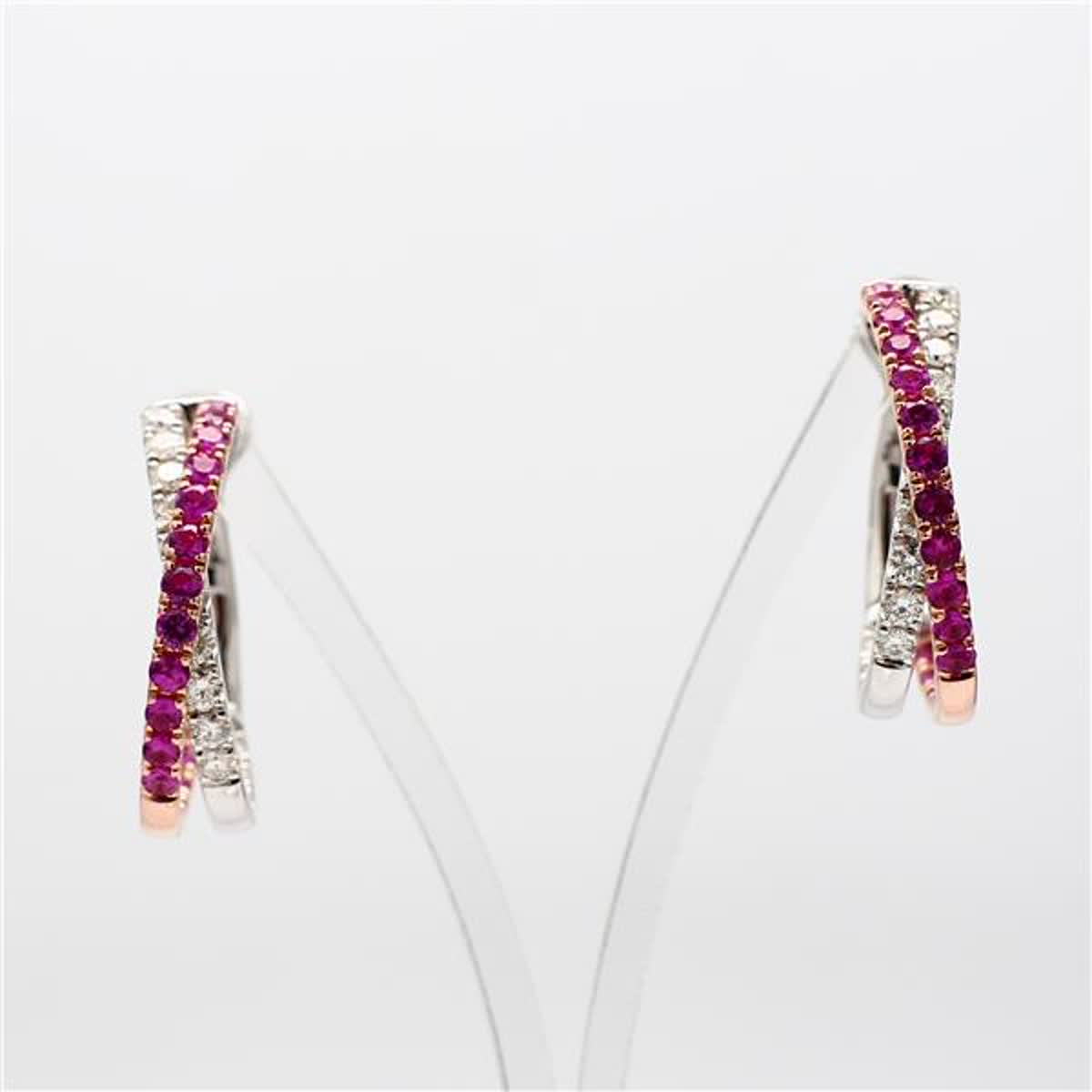 Natural Red Round Ruby and White Diamond 2.01 Carat TW Rose Gold Hoop Earrings