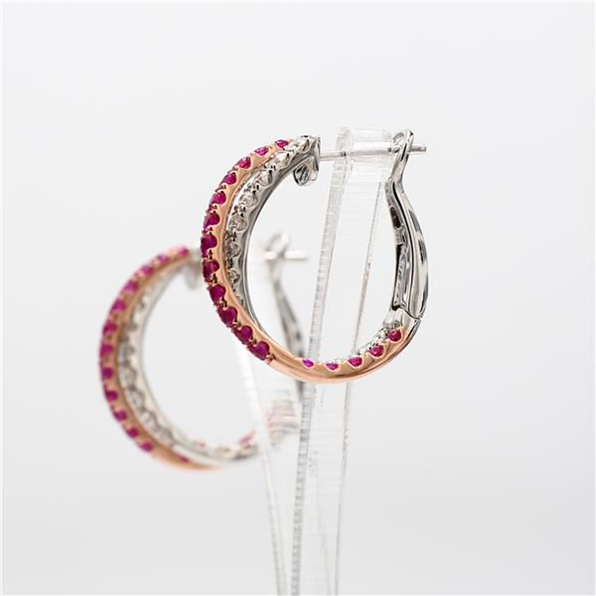 Natural Red Round Ruby and White Diamond 2.01 Carat TW Rose Gold Hoop Earrings
