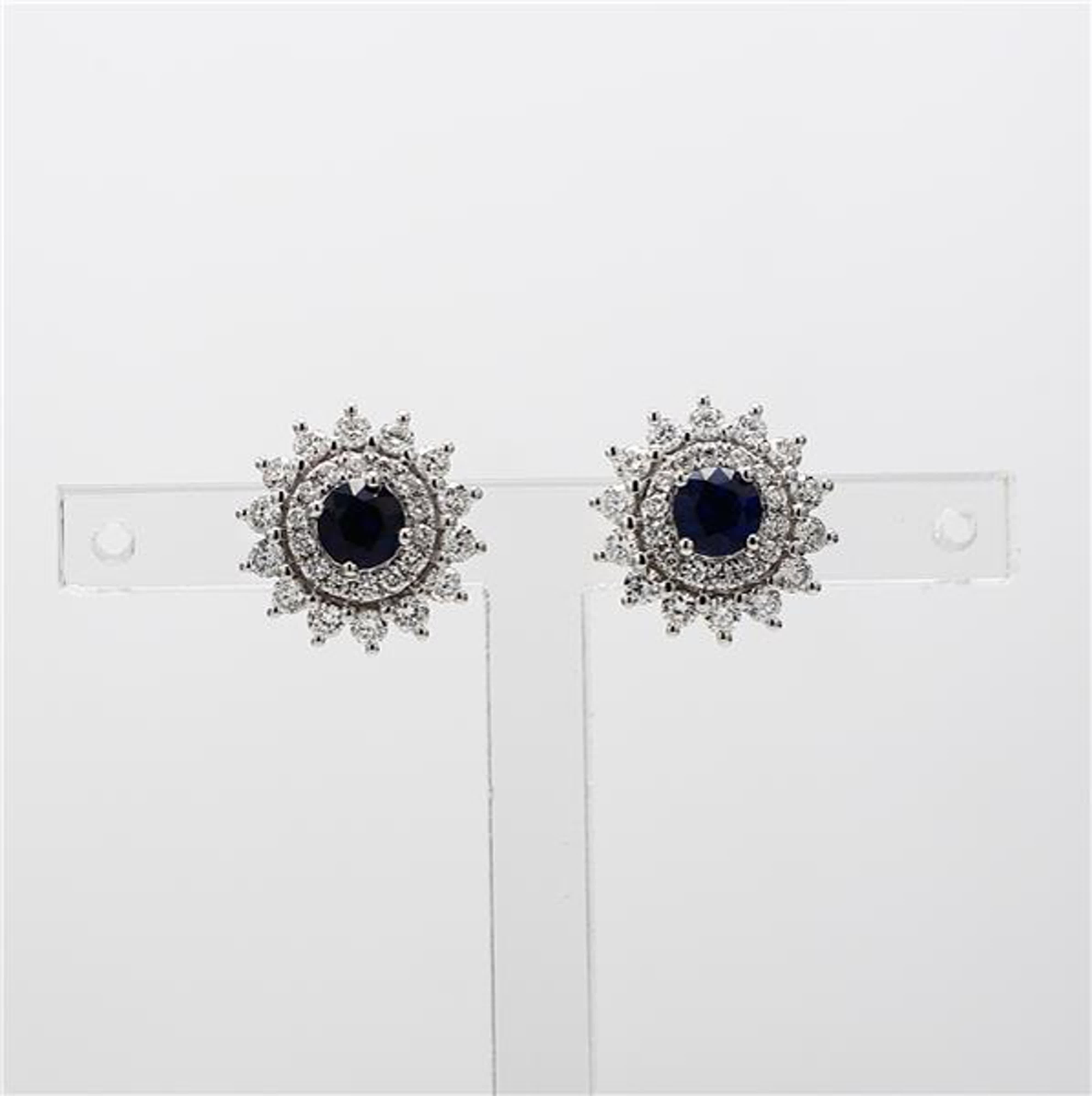 Natural Blue Round Sapphire and White Diamond 1.42 Carat TW Gold Stud Earrings