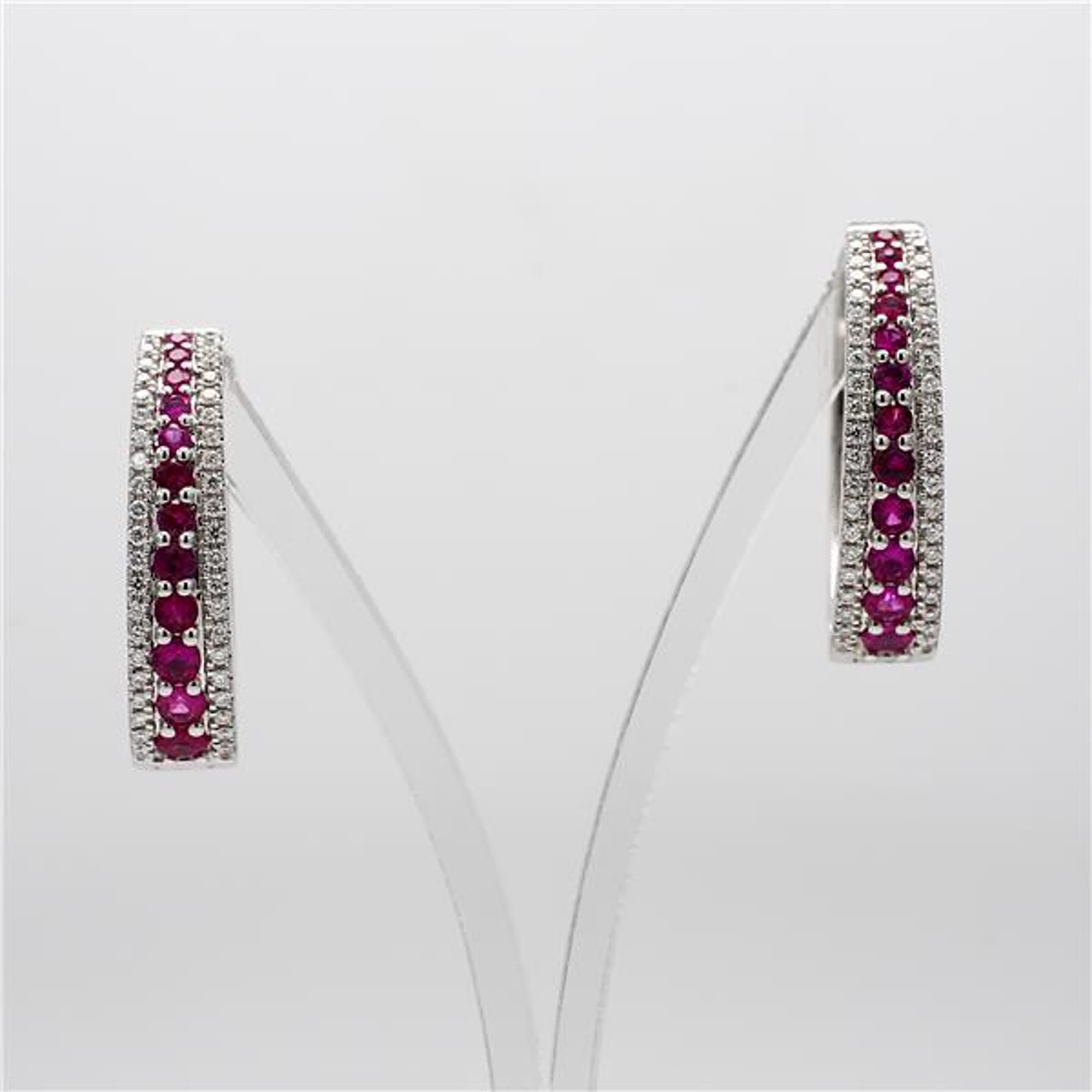 Natural Red Round Ruby and White Diamond 1.26 Carat TW White Gold Hoop Earrings