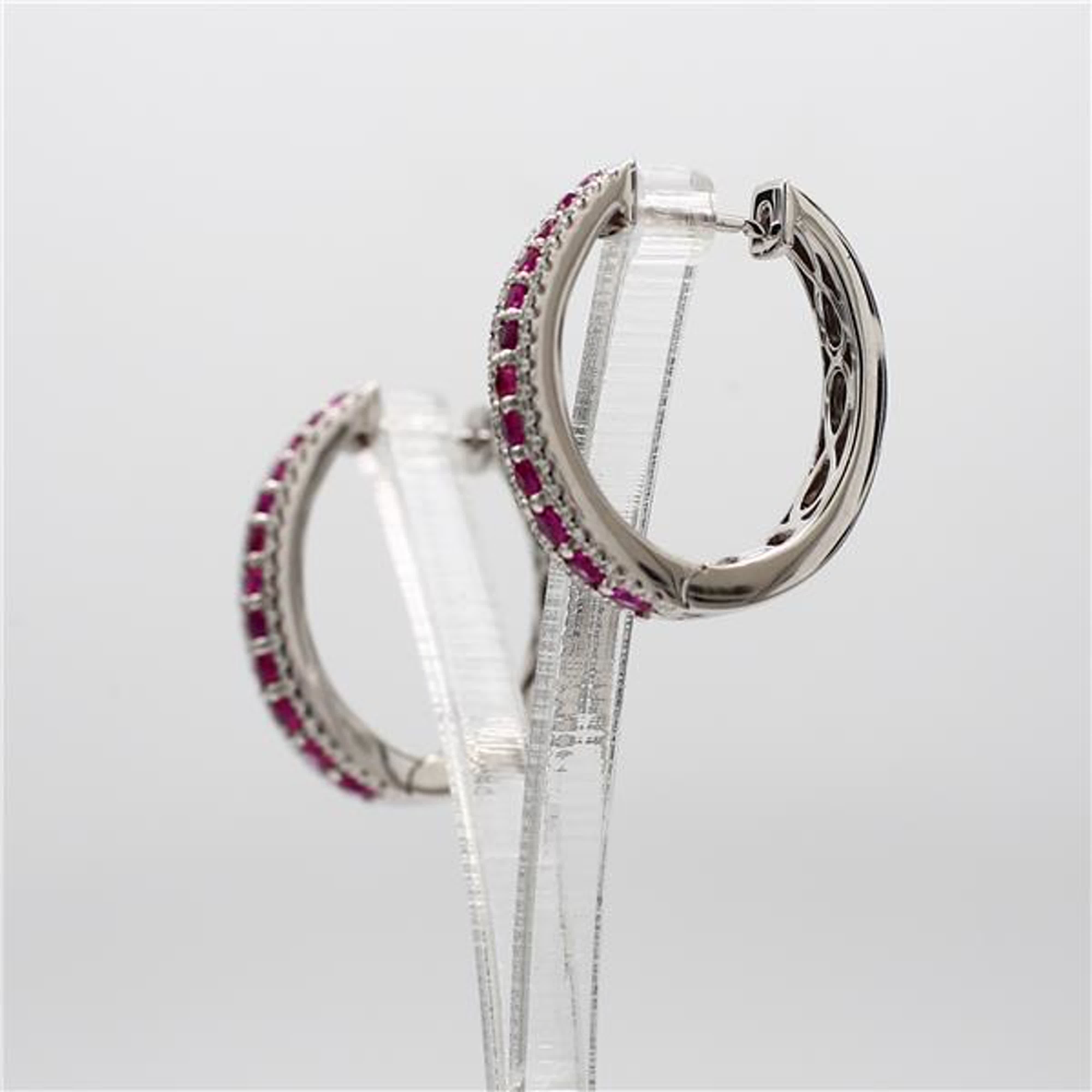 Natural Red Round Ruby and White Diamond 1.26 Carat TW White Gold Hoop Earrings