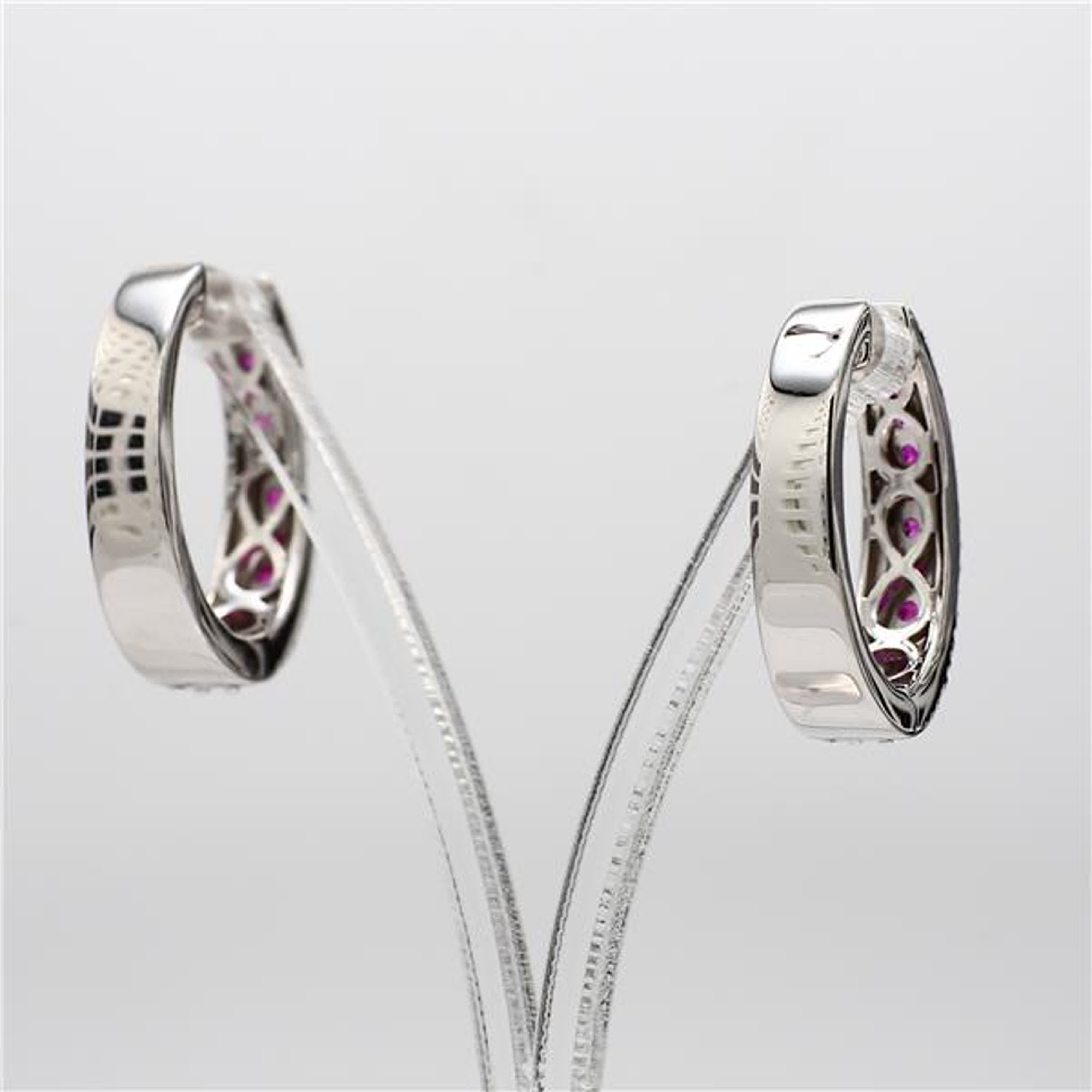 Natural Red Round Ruby and White Diamond 1.26 Carat TW White Gold Hoop Earrings