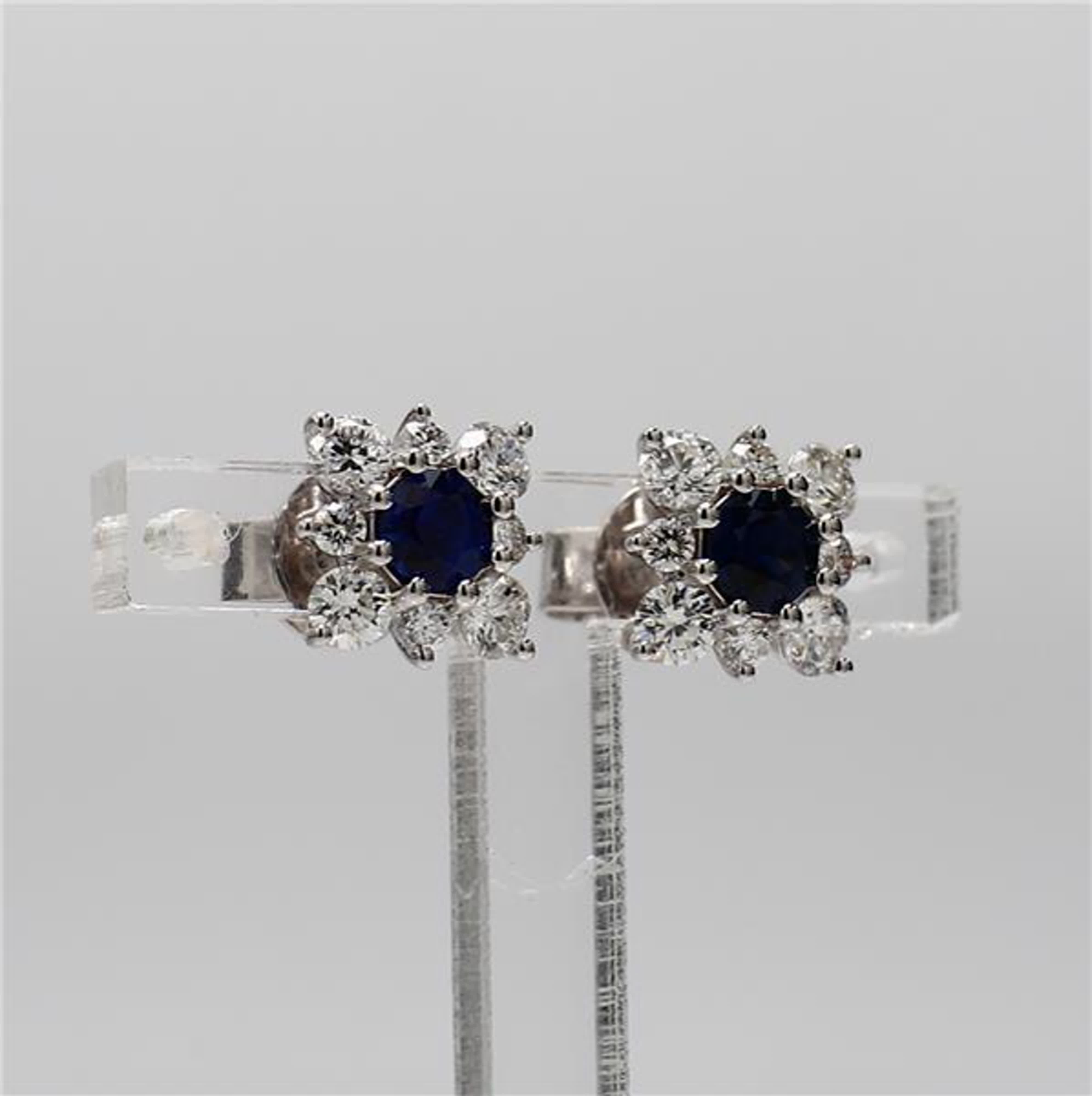 Natural Blue Round Sapphire and White Diamond 1.49 Carat TW Gold Stud Earrings