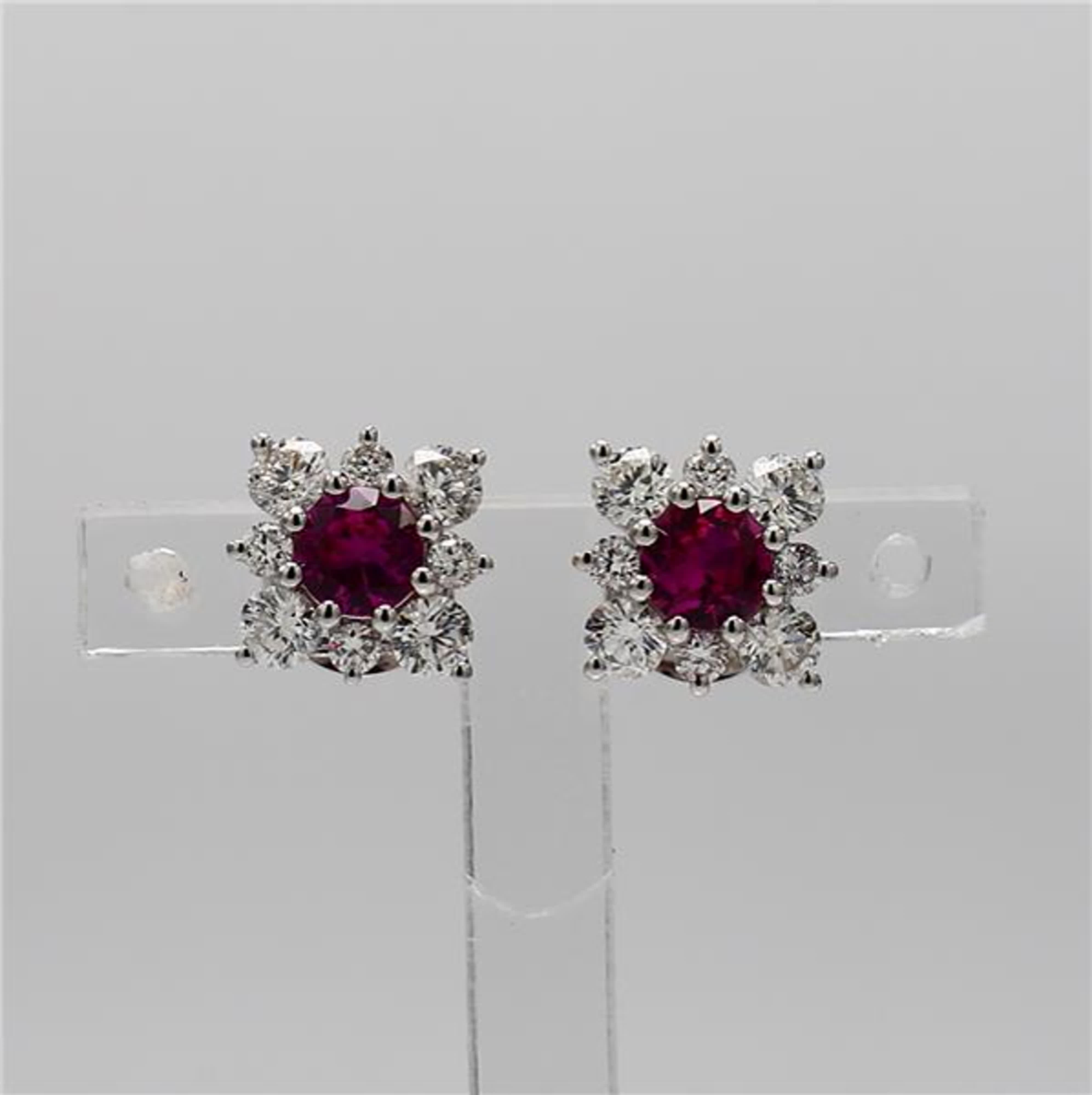 Natural Red Round Ruby and White Diamond 1.47 Carat TW White Gold Stud Earrings