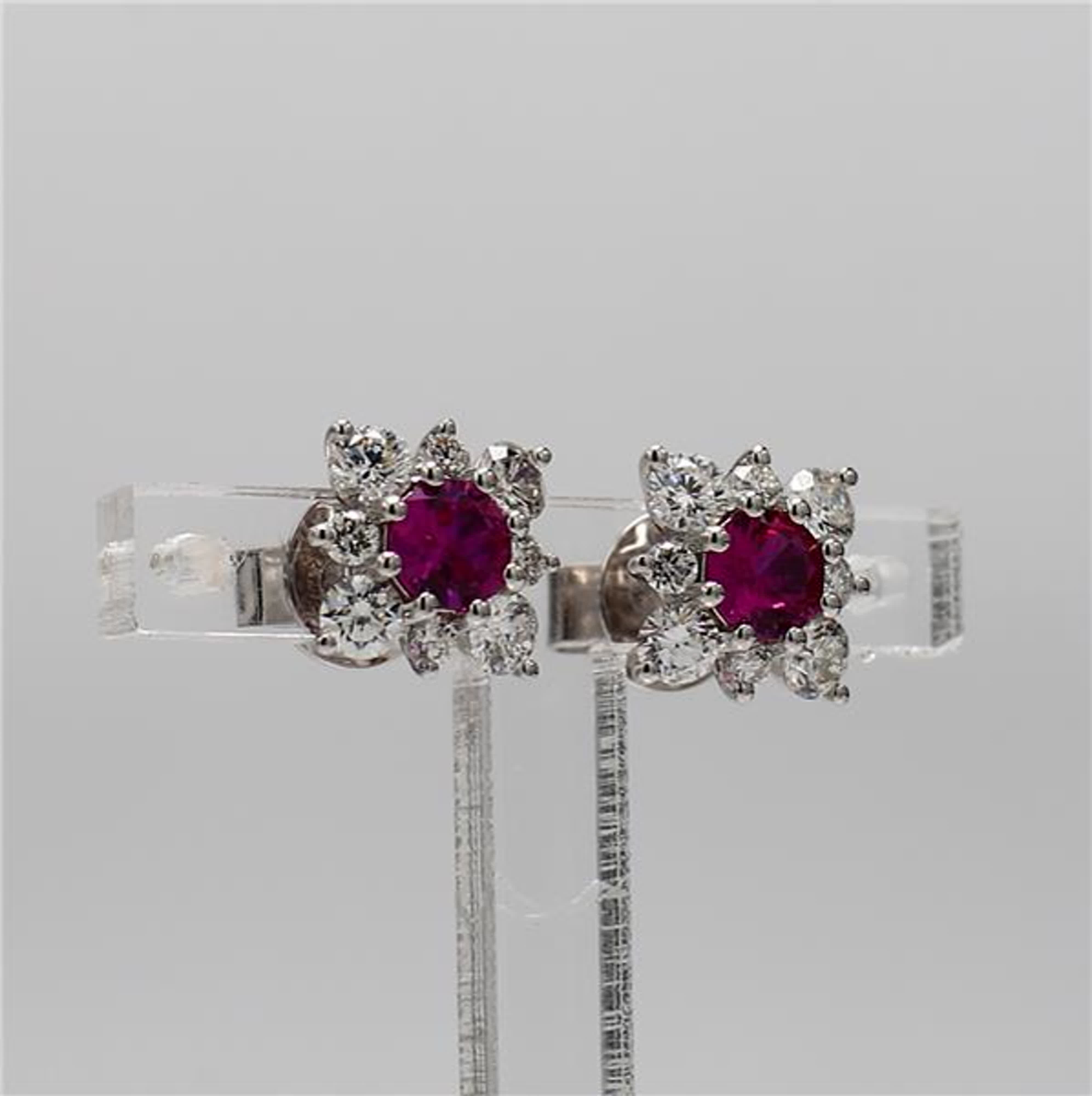 Natural Red Round Ruby and White Diamond 1.47 Carat TW White Gold Stud Earrings